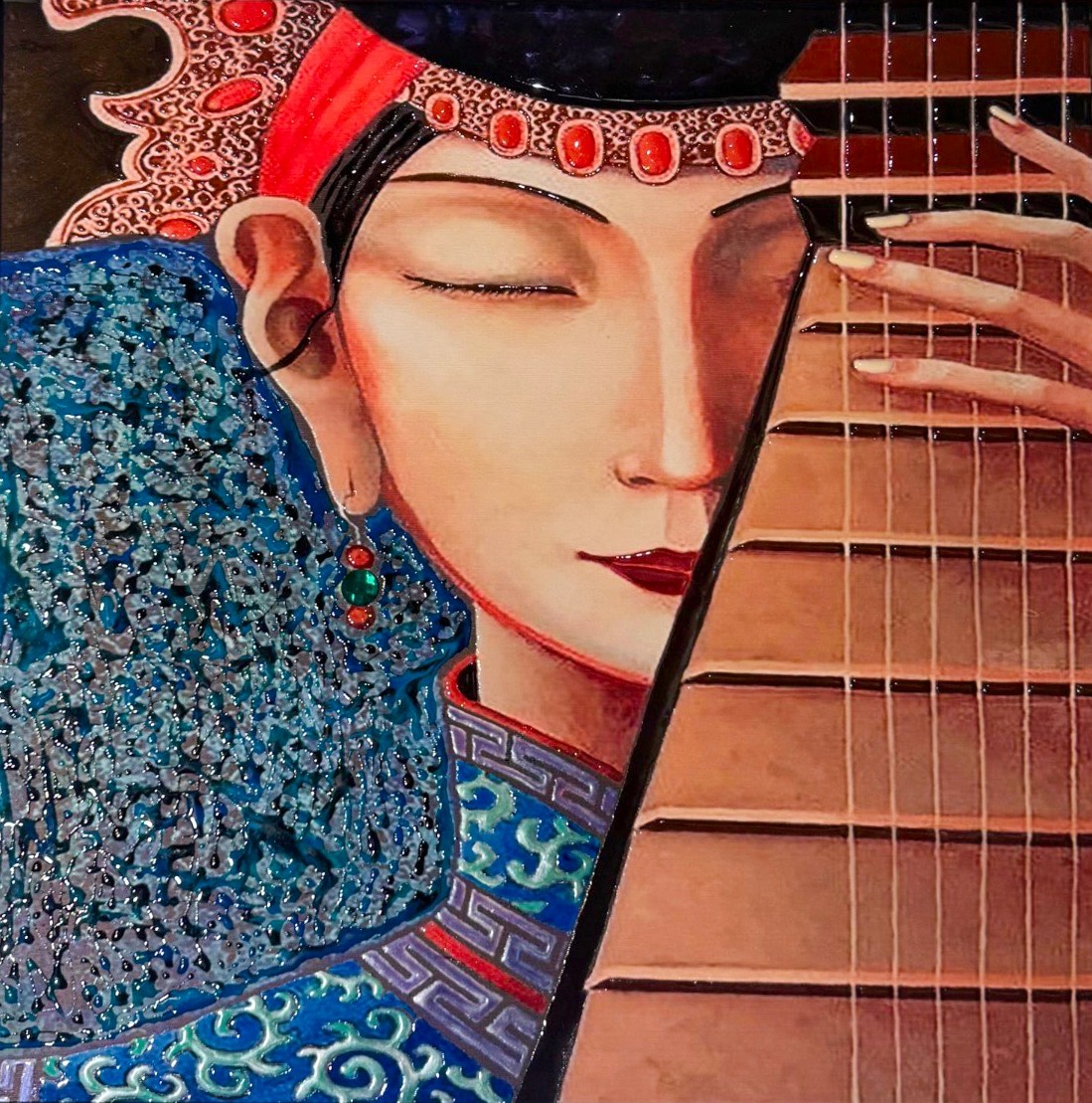 Chinese by Selva Azad, a mixed media and resin artwork featuring a serene female figure with a traditional stringed instrument and ornate cultural details.