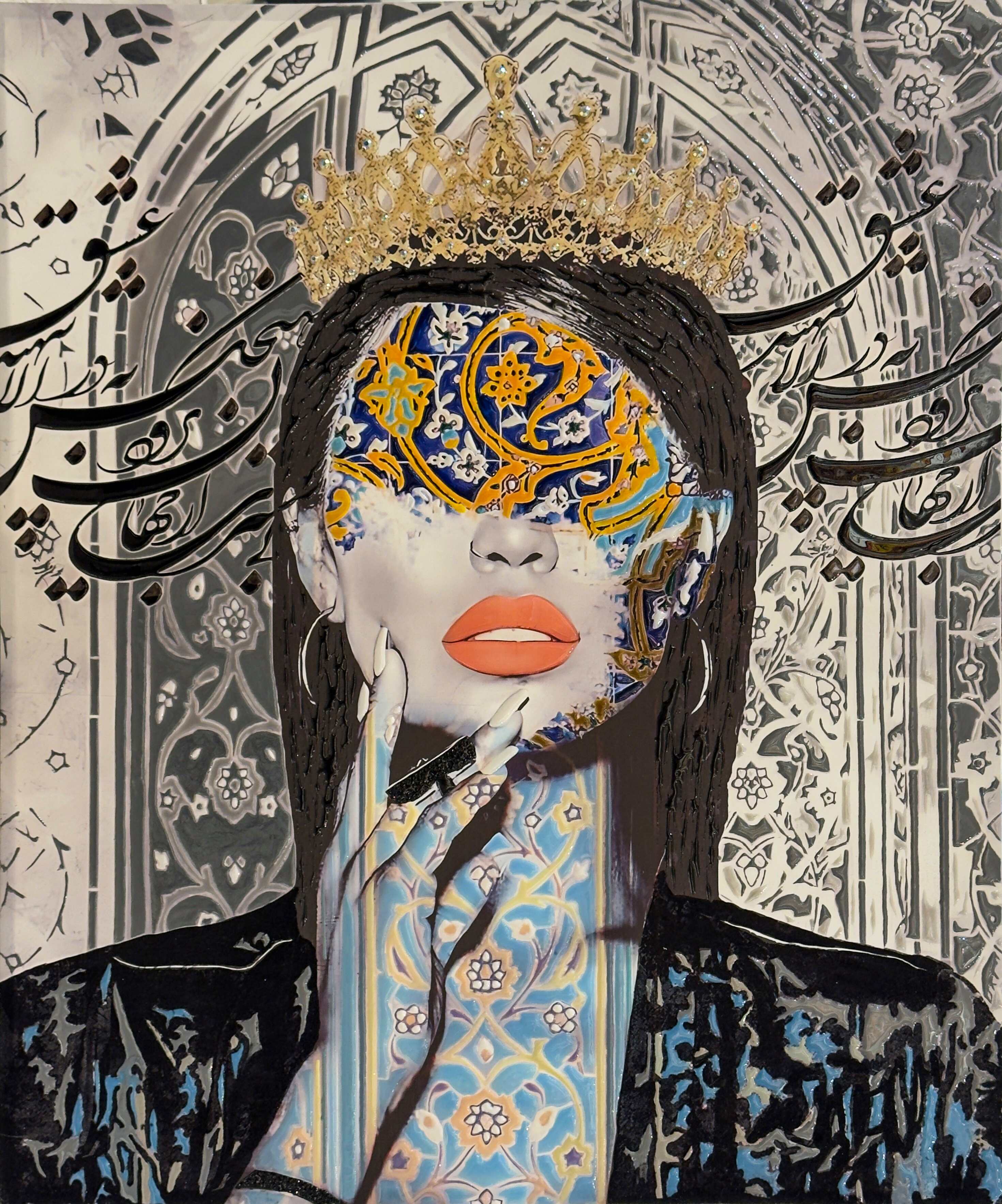 Crowned Silence by Selva Azad, a mixed media and resin portrait featuring a crowned female figure with layered patterns, gold accents, and a sense of quiet authority.