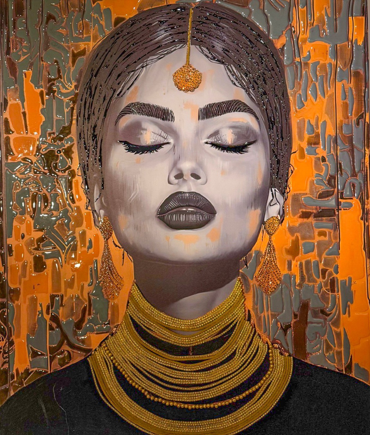 Golden Serenity by Selva Azad, a mixed media and resin portrait featuring a serene female figure with gold adornments and warm amber textures.