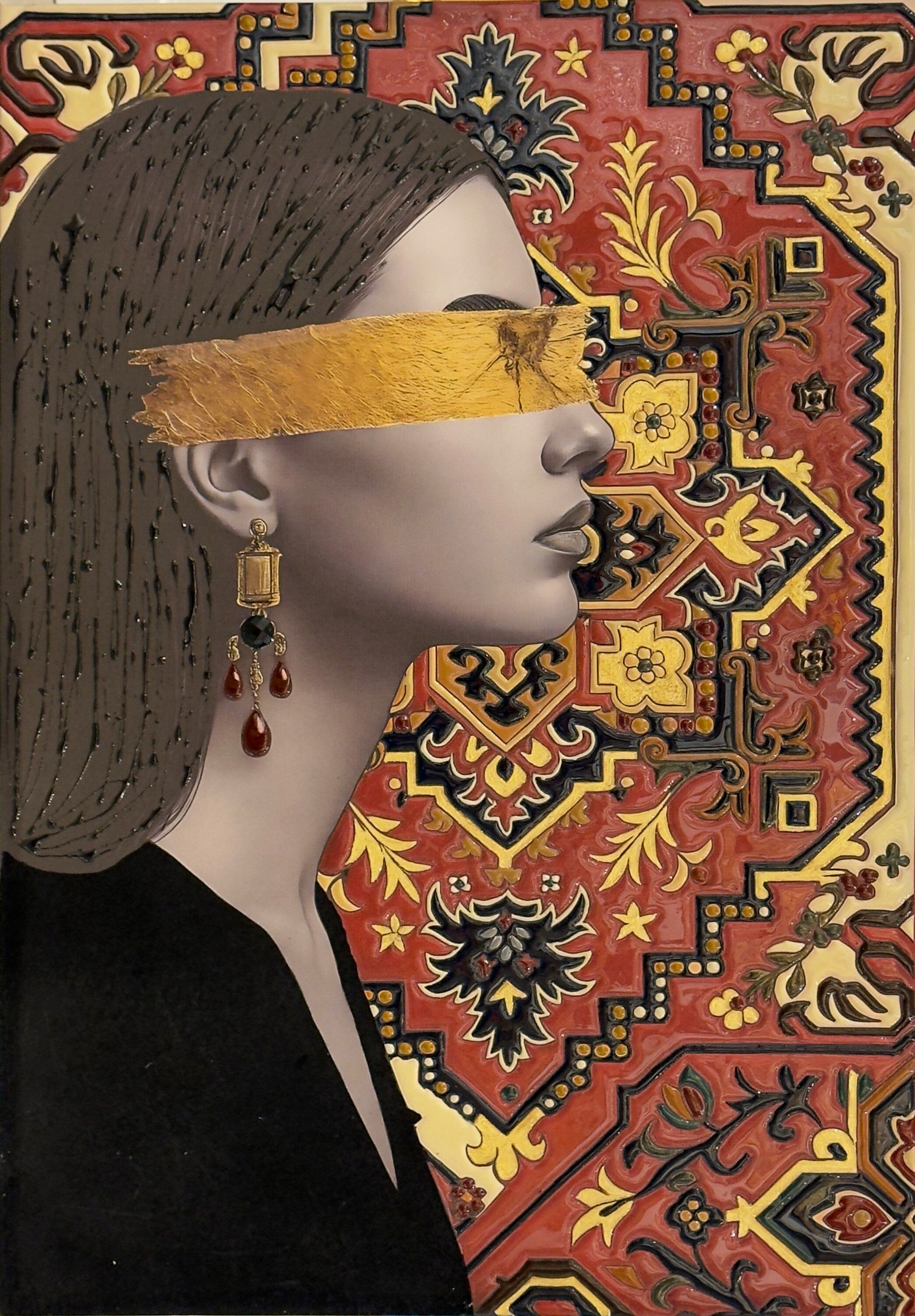 Her by Selva Azad, a mixed media and resin portrait featuring a female profile with gold across the eyes and intricate ornamental patterns.