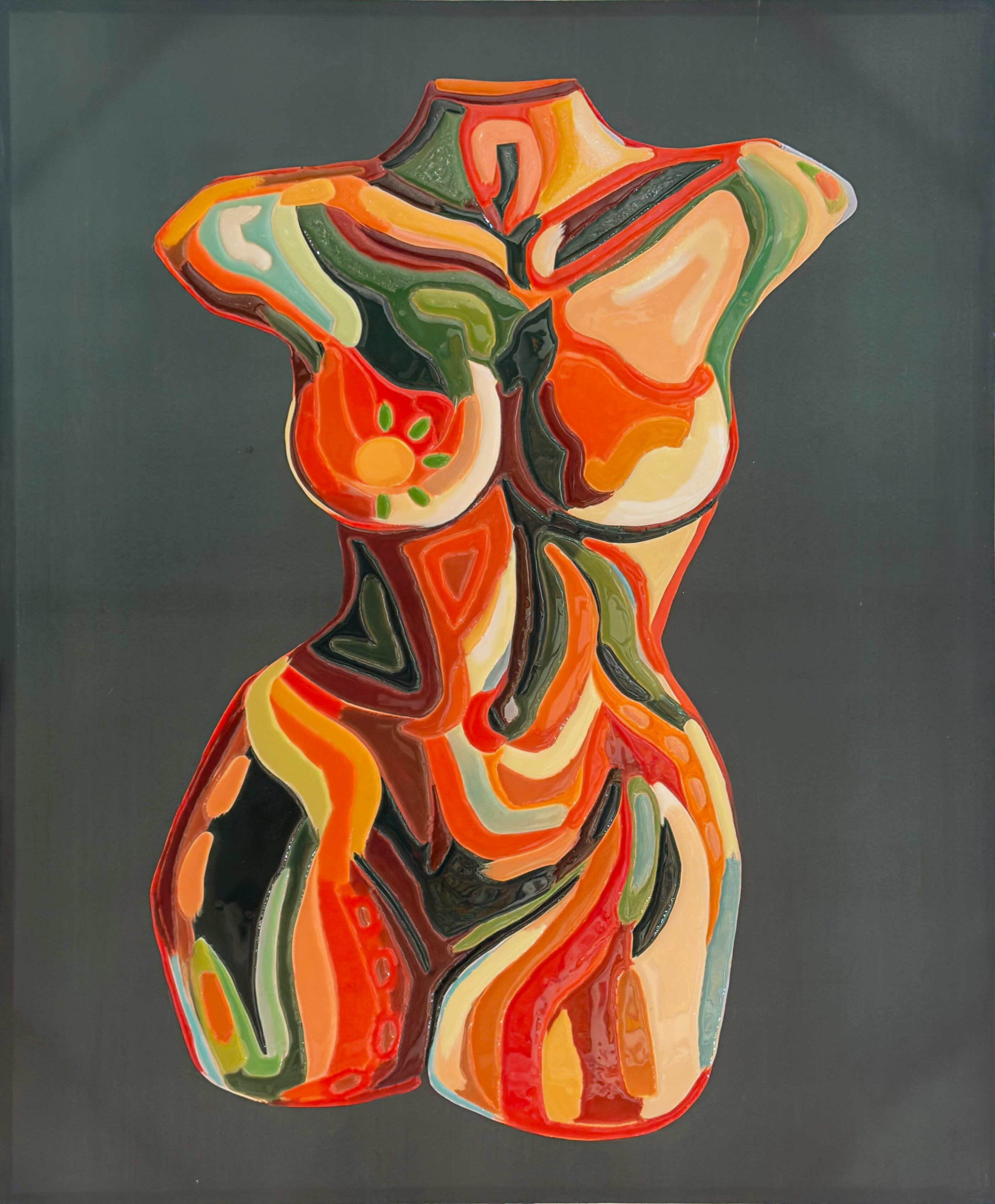 Inner Shape by Selva Azad, a mixed media and resin artwork featuring an abstract female torso formed with bold colors and flowing layered textures.
