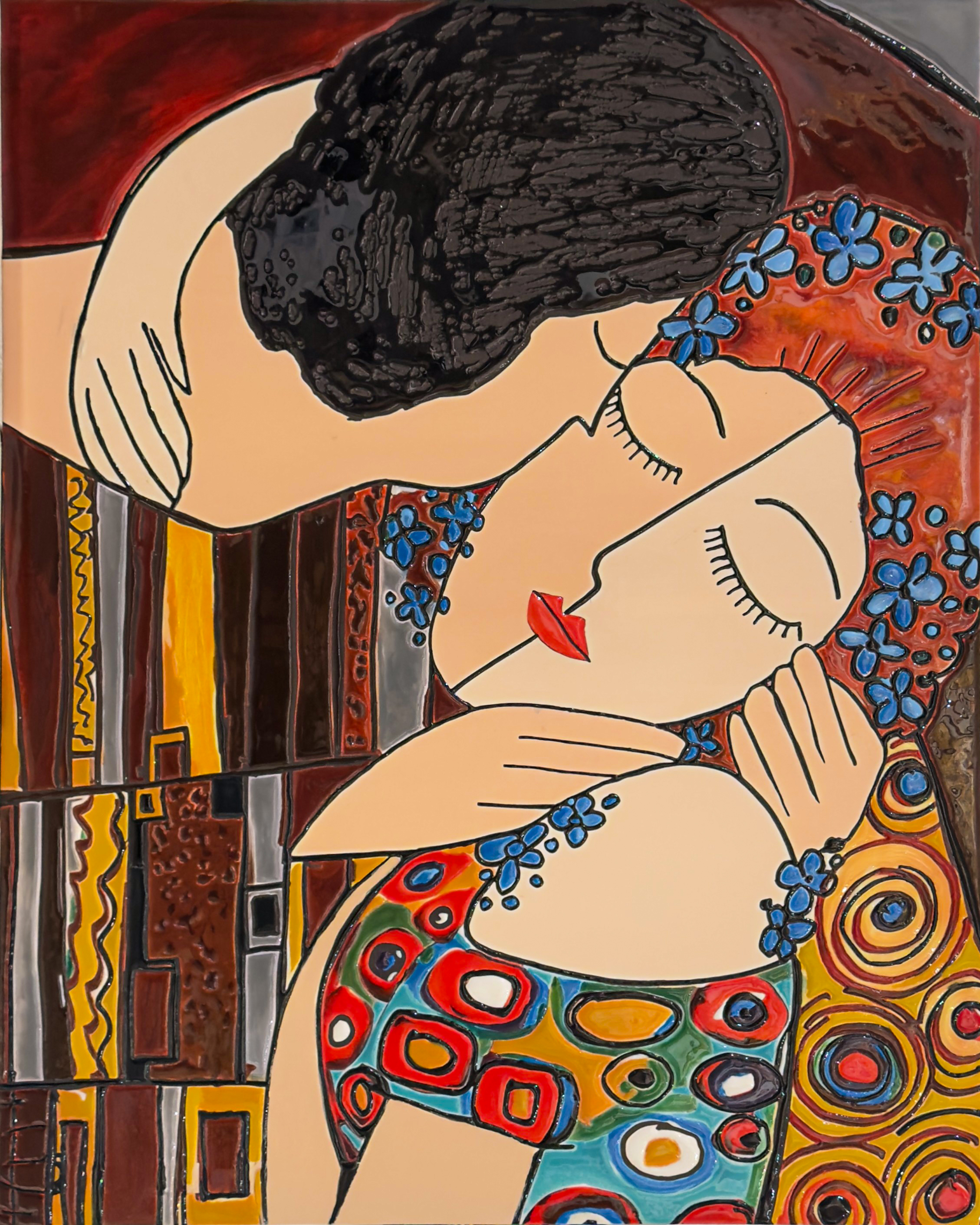 Kiss by Selva Azad, a mixed media and resin artwork depicting an intimate embrace between two figures with rich patterns and warm tones.