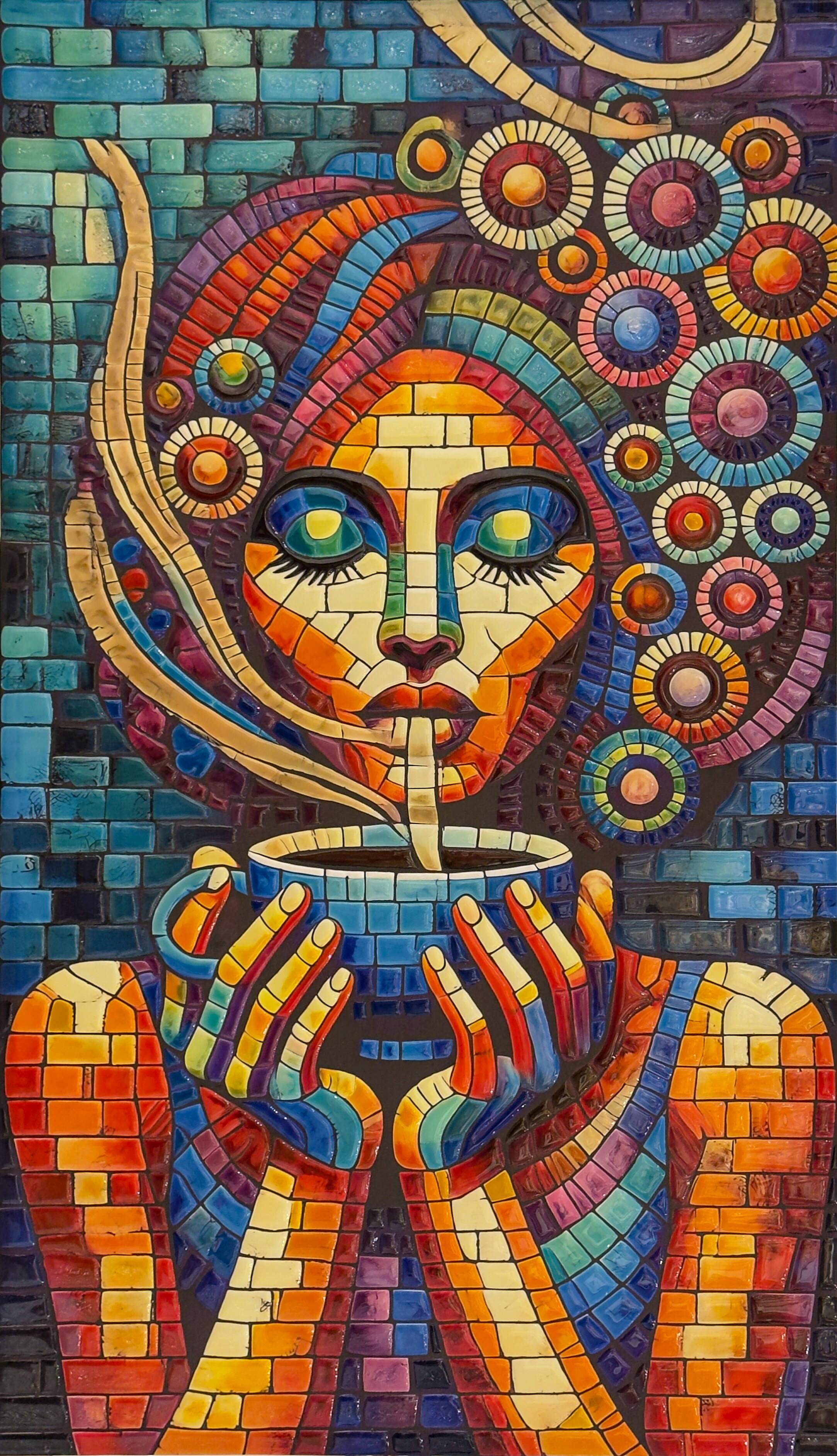 Meditation in Color by Selva Azad, a mixed media and resin artwork featuring a meditative figure formed from vibrant mosaic-like color blocks.