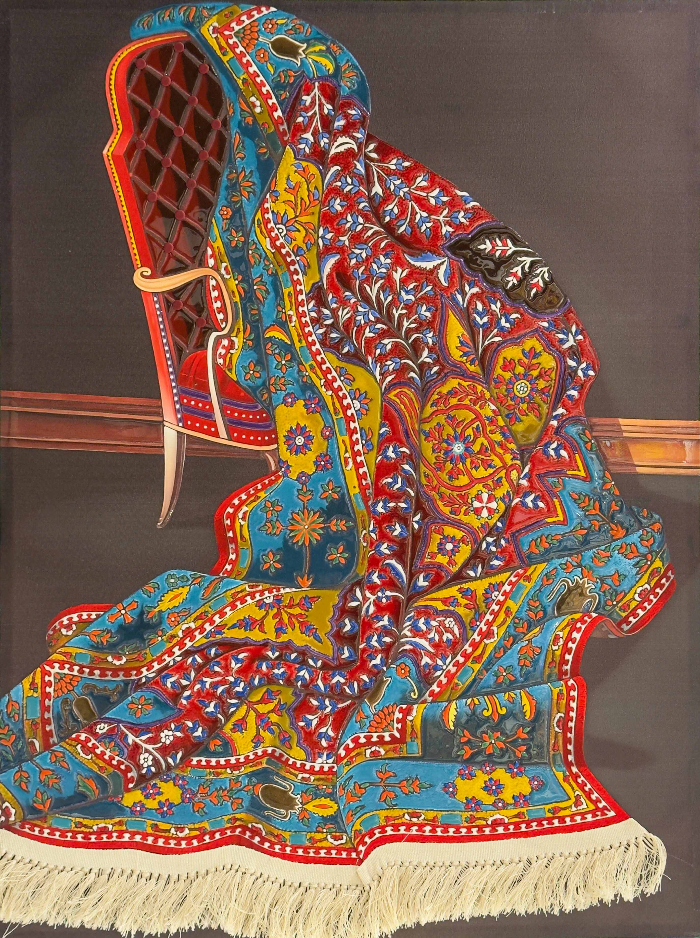 Persian Rug by Selva Azad, a mixed media and resin artwork featuring a richly patterned textile draped over a chair, symbolizing memory and cultural heritage.