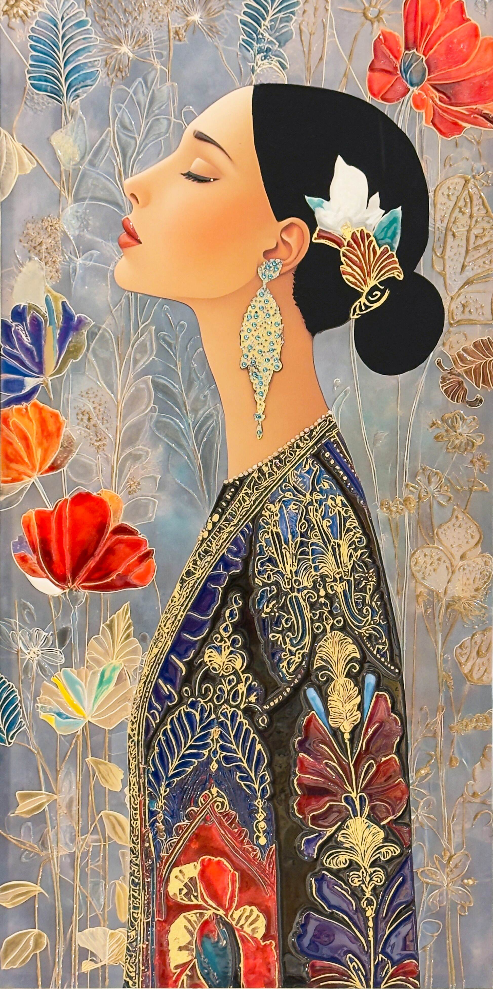 Queen by Selva Azad, a mixed media and resin portrait featuring a regal female profile with floral motifs, gold accents, and refined ornamentation.