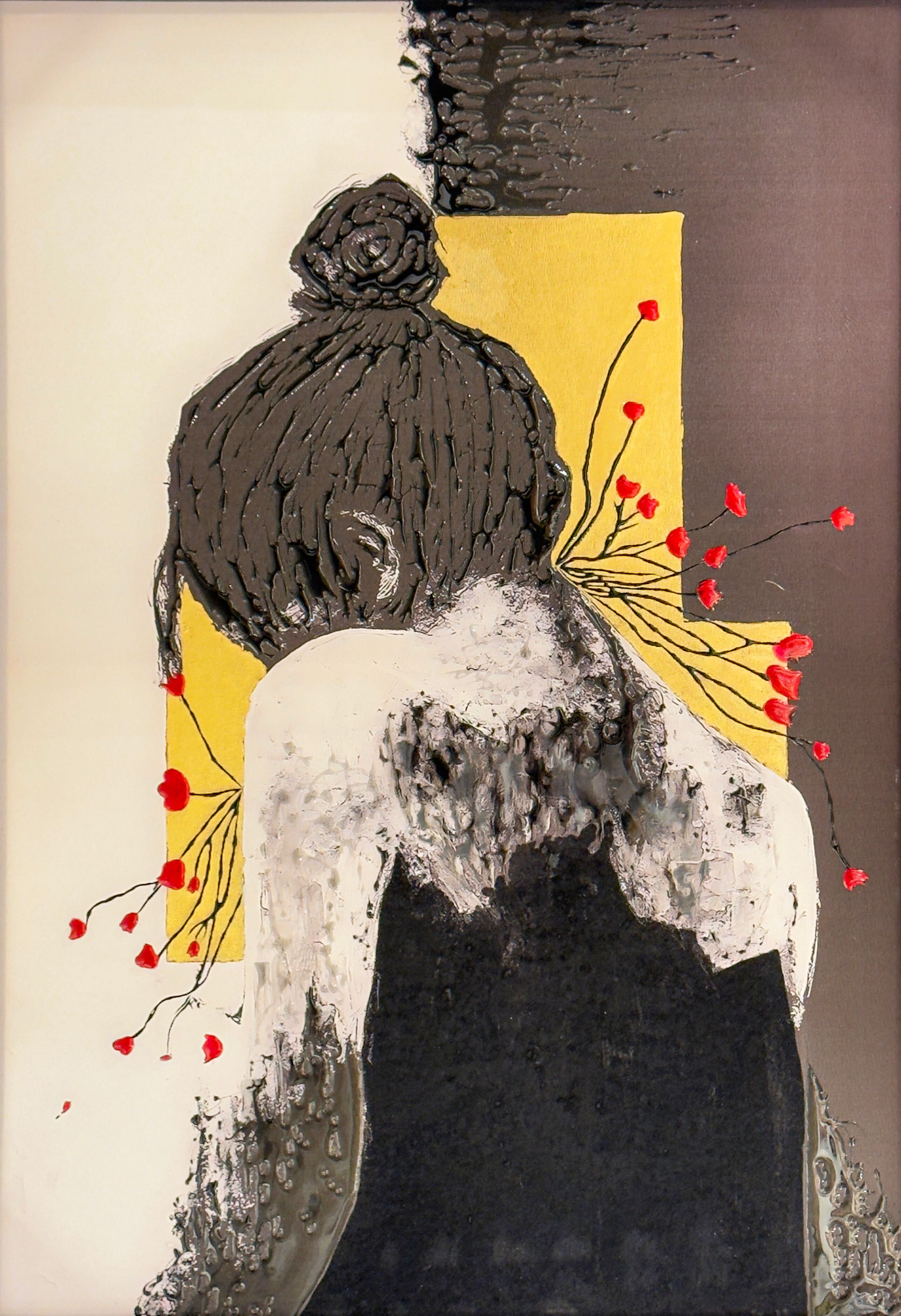 Stillness by Selva Azad, a mixed media and resin artwork showing a female figure from behind, balancing light, shadow, and textured surfaces.