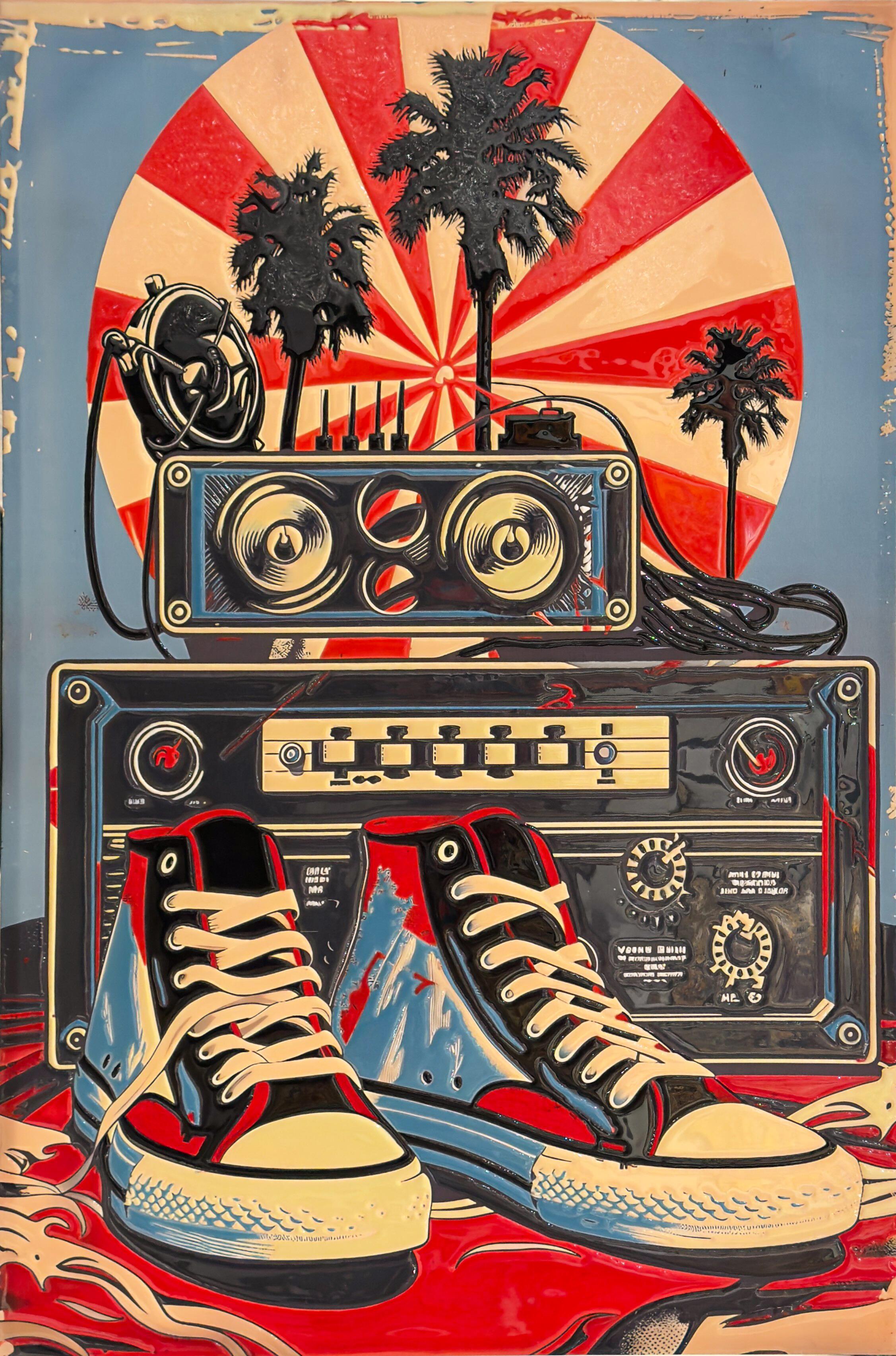 Street Beat by Selva Azad, a mixed media and resin artwork featuring sneakers, audio equipment, and bold graphic forms symbolizing urban rhythm and youth culture.