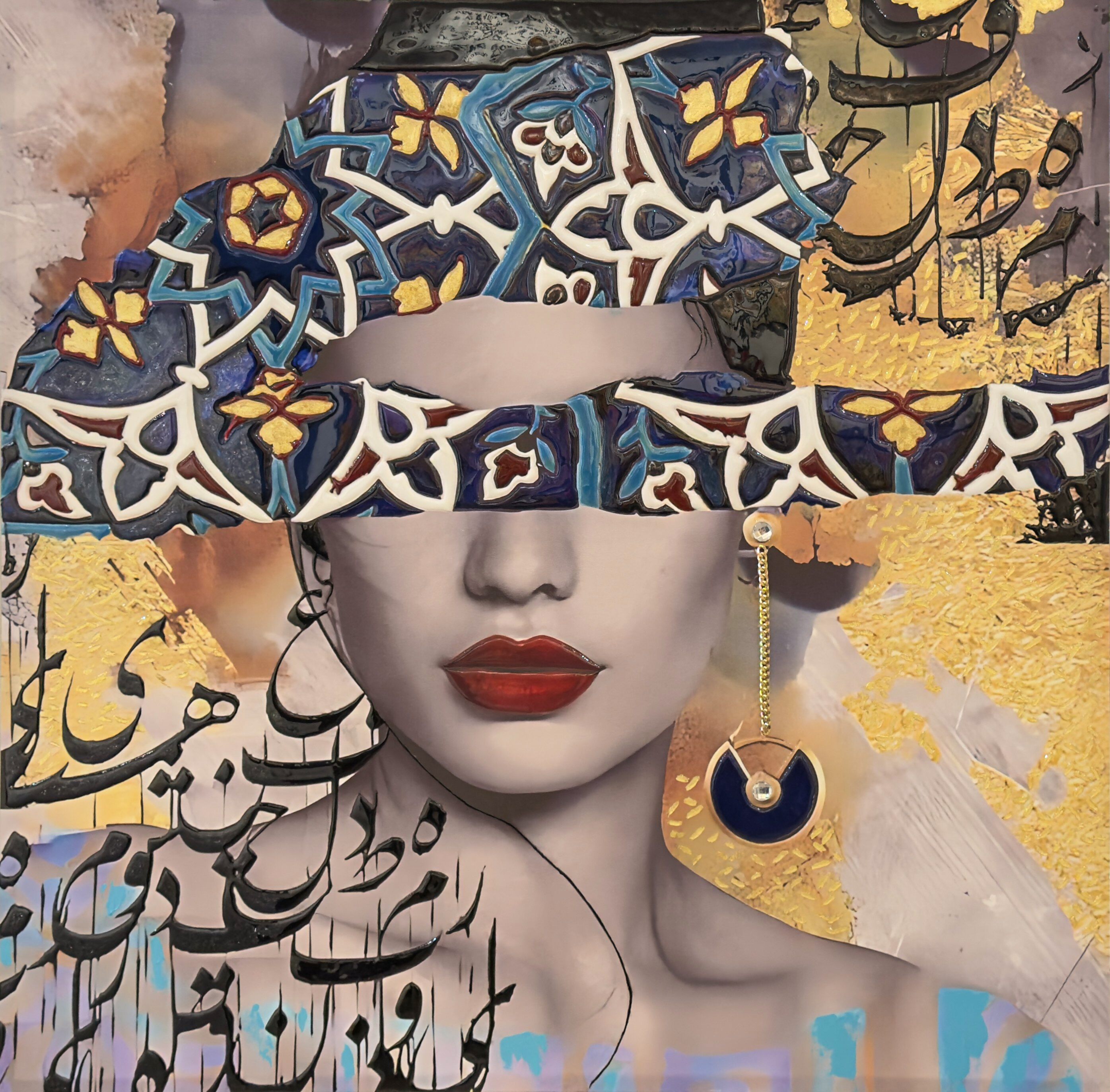 Unknown by Selva Azad, a mixed media and resin portrait featuring a female face with obscured eyes, ornate patterns, and gold accents.