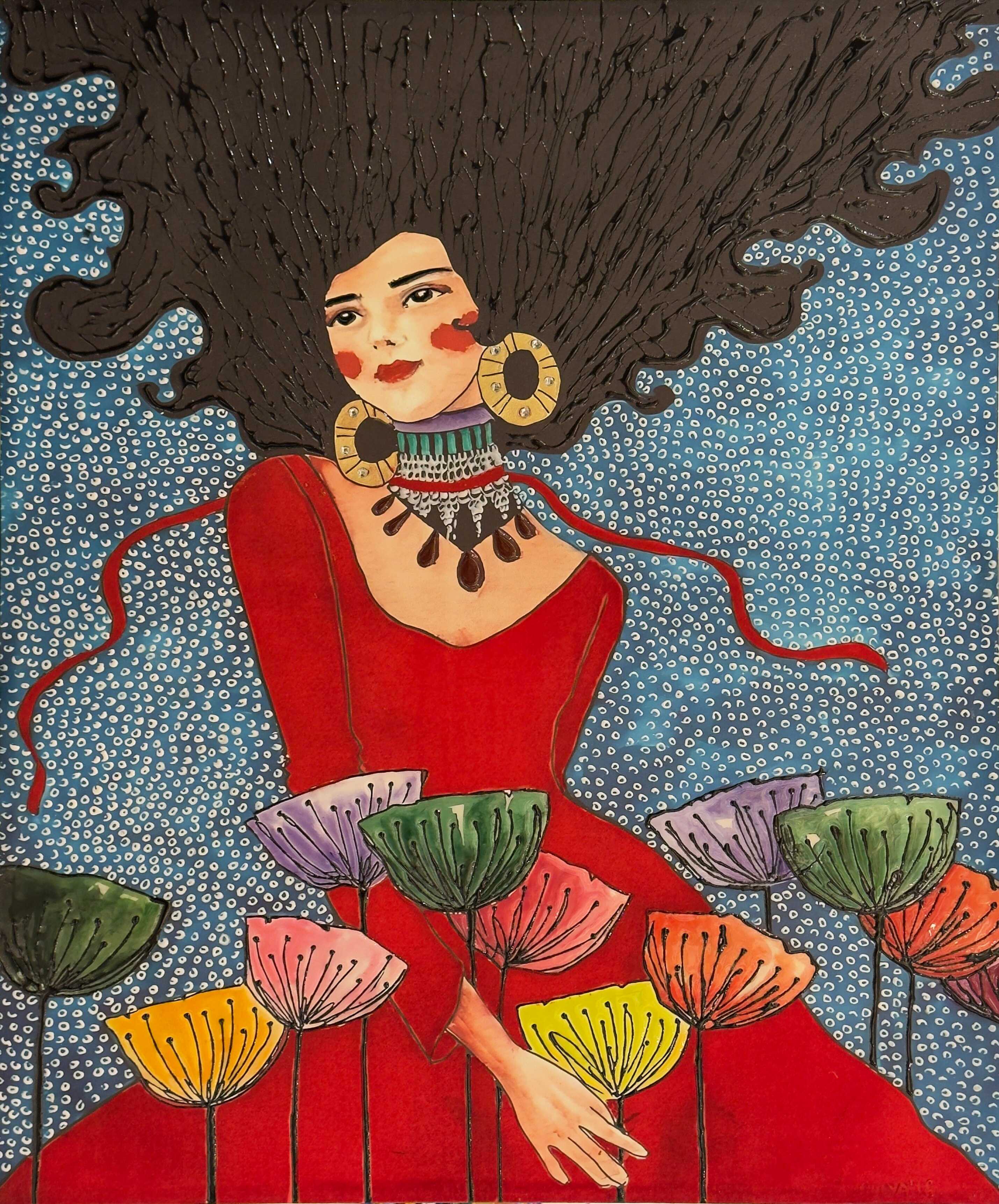 Wild Bloom by Selva Azad, a mixed media and resin artwork featuring a woman in red surrounded by colorful blossoms and flowing hair.