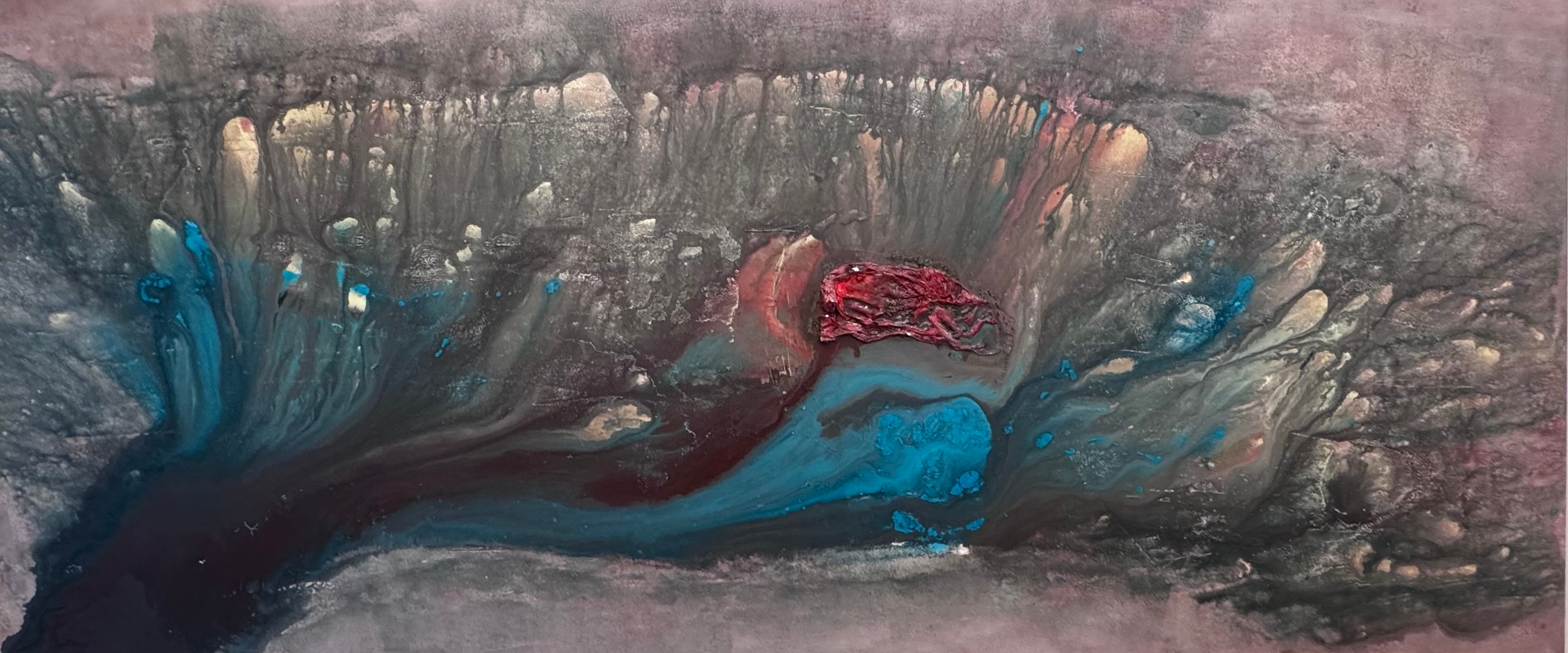 California Dreamin’ by G Kim Hinkson, large-scale mixed media abstract artwork with flowing blue, grey, and crimson forms evoking dreamlike movement