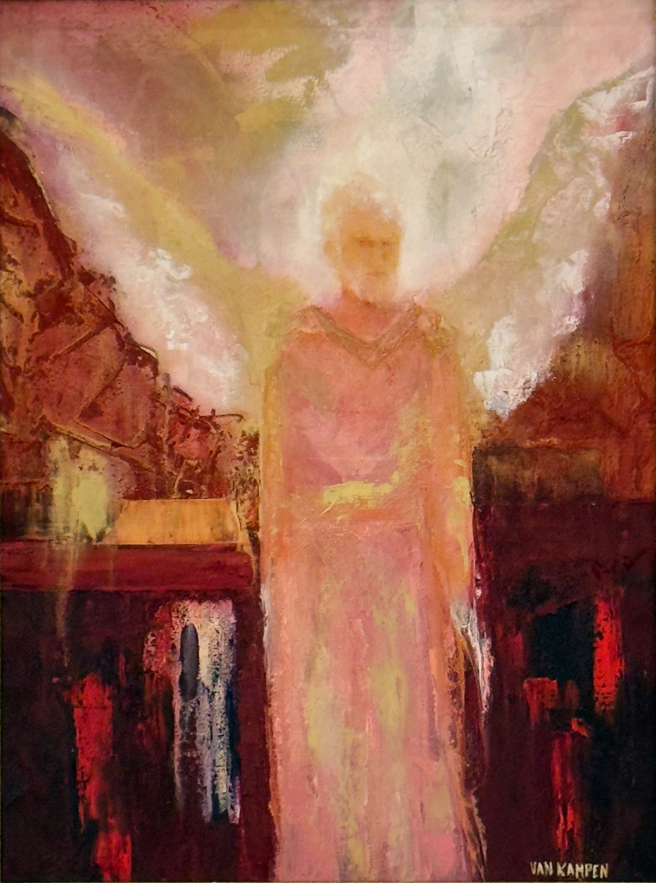 Angel of Wisdom oil painting by Katherine van Kampen featuring a luminous angelic figure with soft wings in warm red and gold tones
