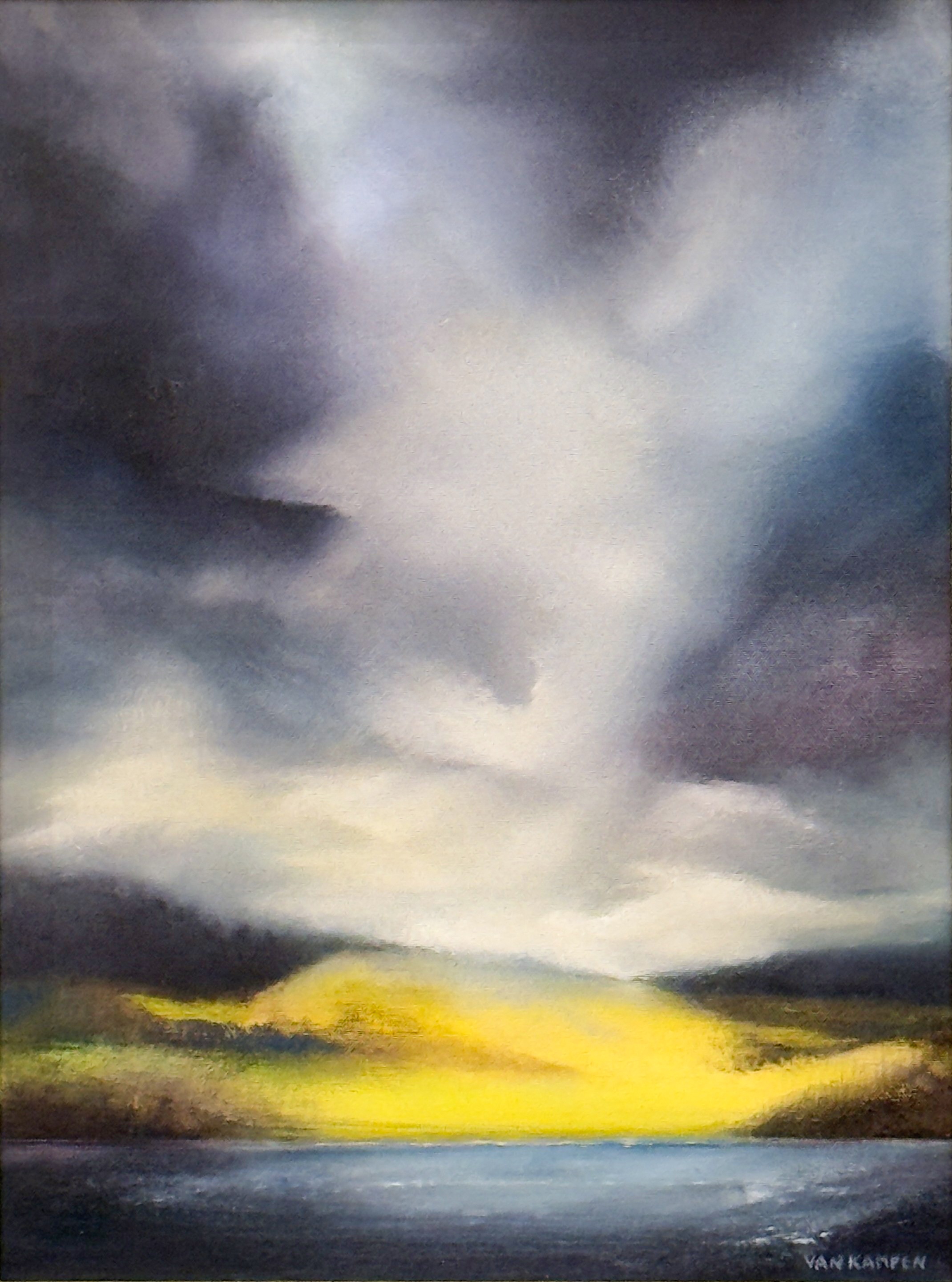 Burgeoning Skies oil painting by Katherine van Kampen showing dramatic clouds above a glowing yellow landscape and calm water