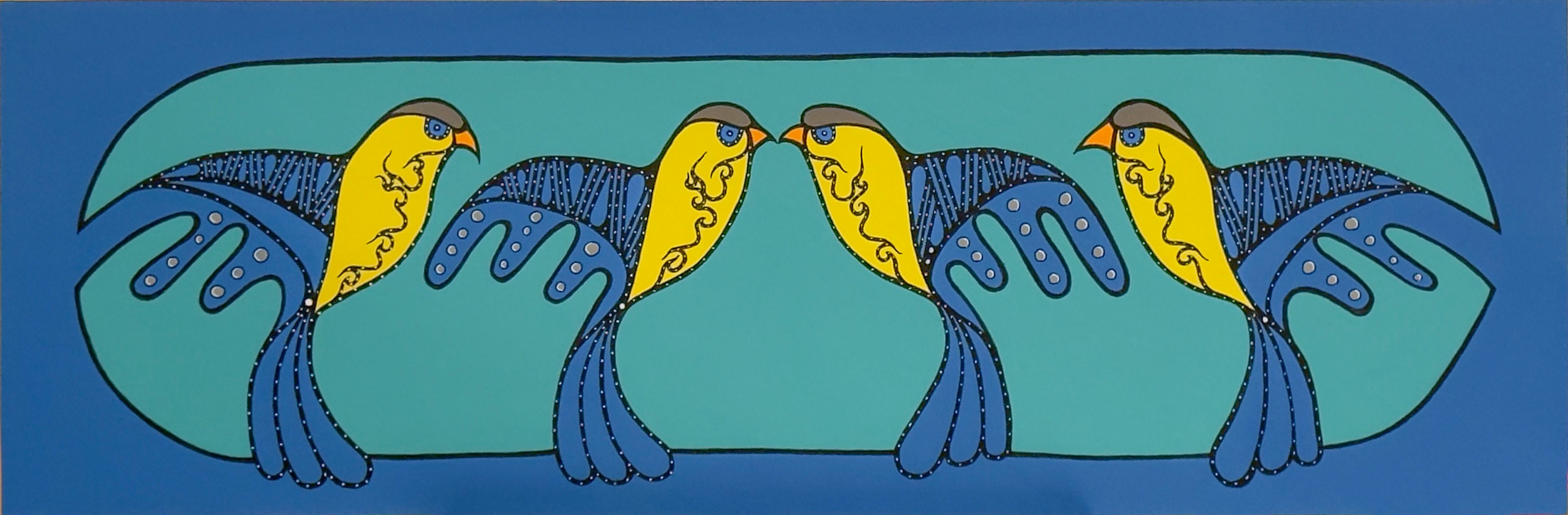 Aginjibagwesi Four Birds by Johnny Mukwa with four stylized birds in Woodland Indigenous style painting