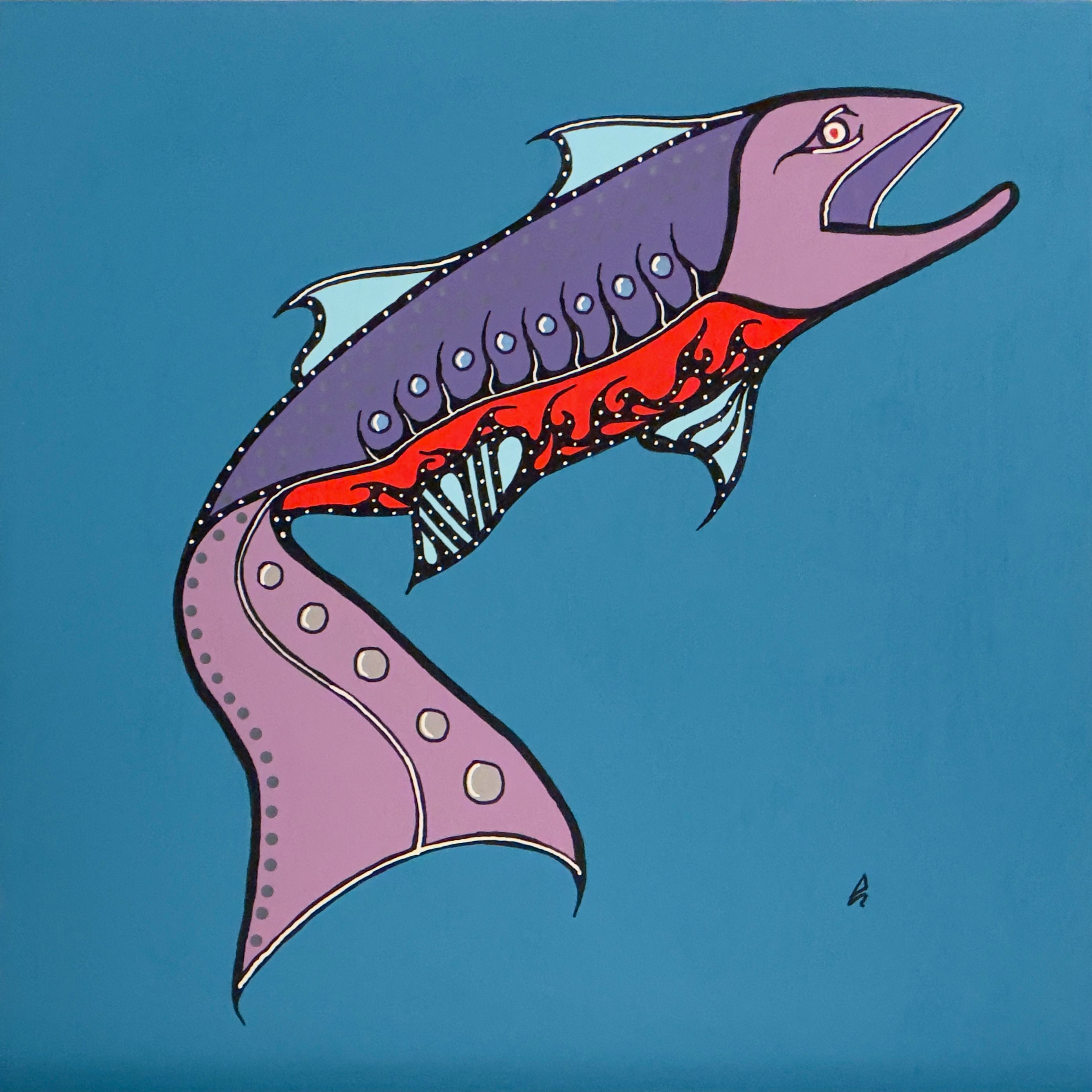 Coho Salmon by Johnny Mukwa showing stylized salmon fish in Woodland Indigenous style painting