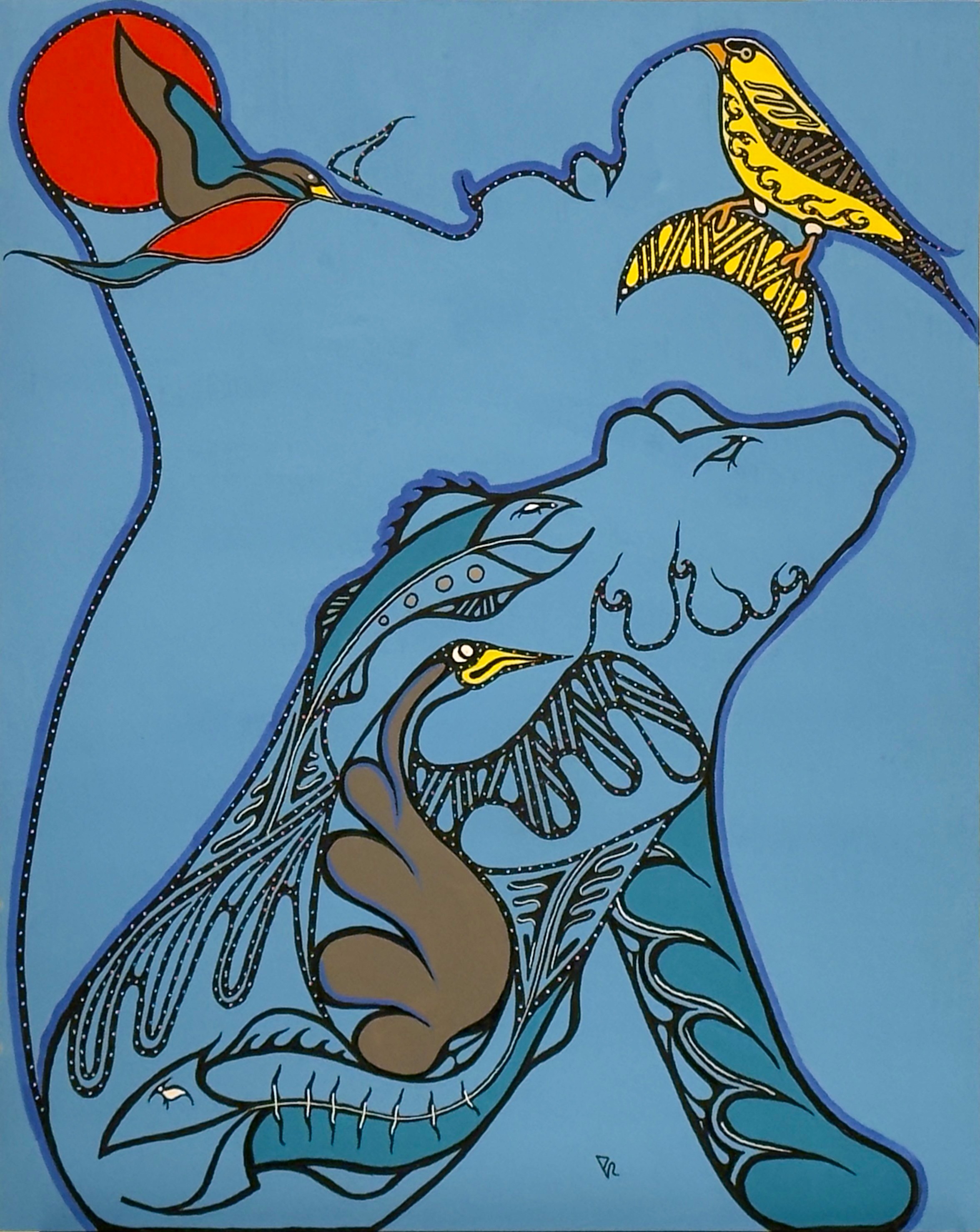 Creators Call by Johnny Mukwa showing bear with fish and birds in Woodland Indigenous style with red sun