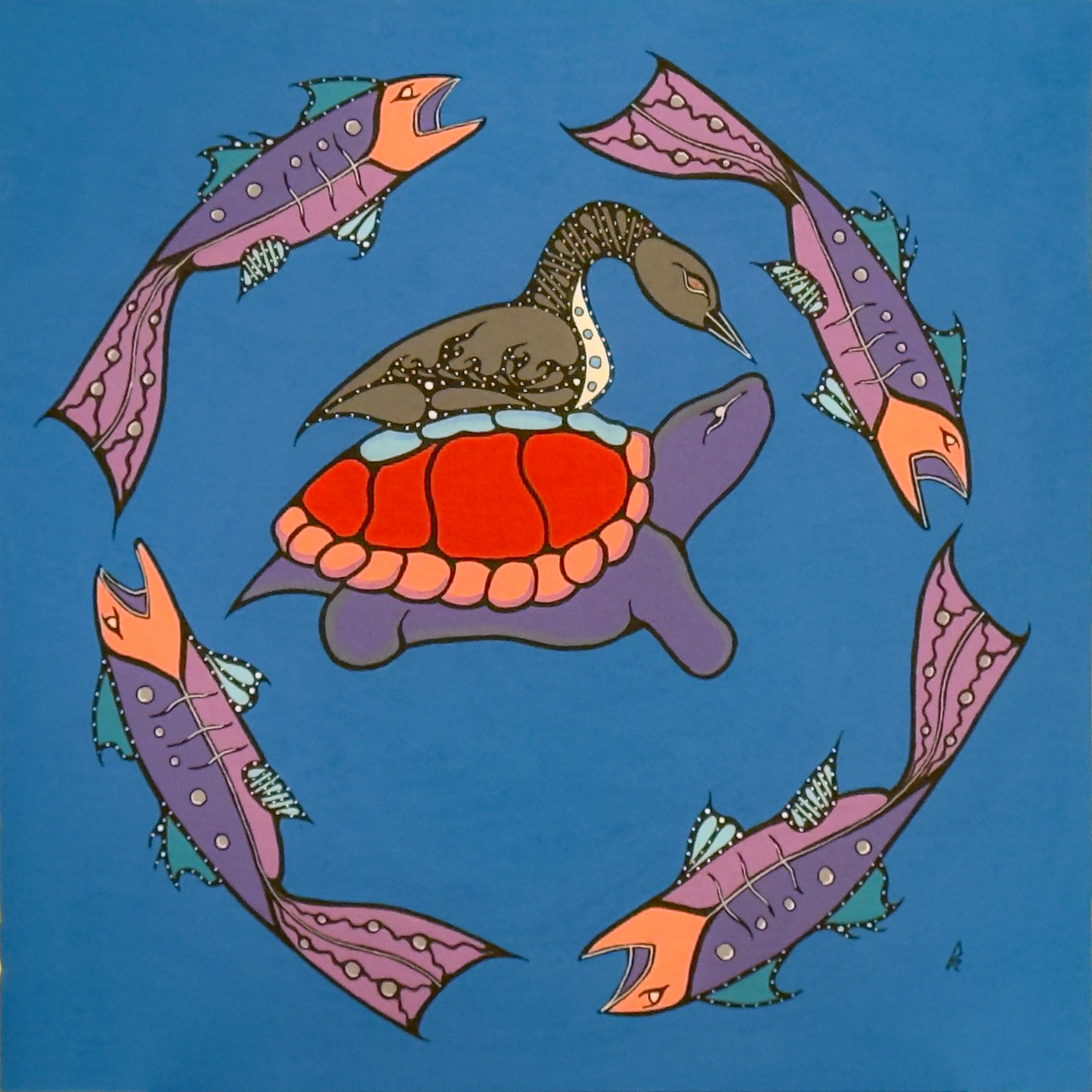 Cycle of Waters by Johnny Mukwa showing turtle with bird surrounded by fish in circular Woodland Indigenous style painting