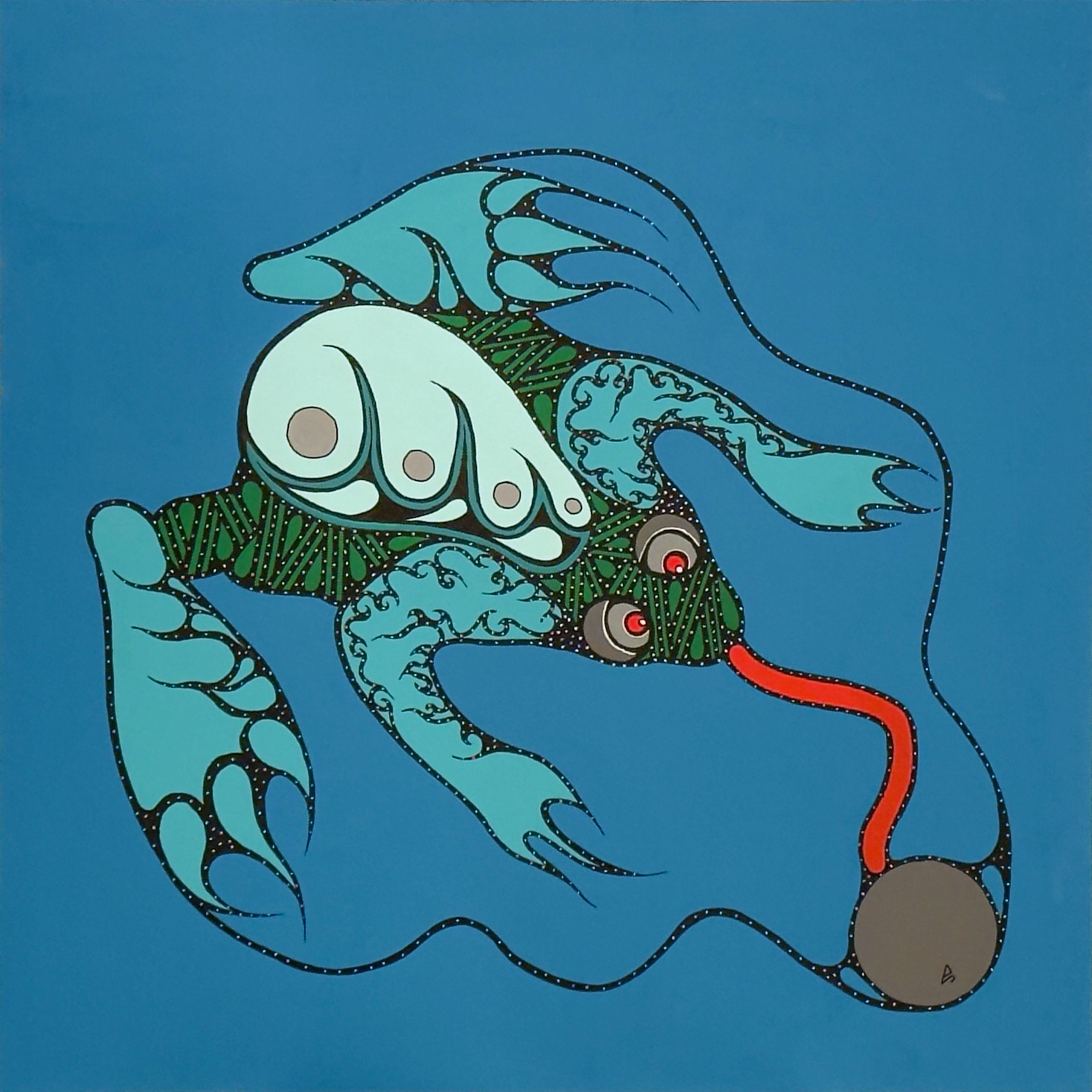 Frog Medicine by Johnny Mukwa showing stylized frog with flowing forms in Woodland Indigenous style painting