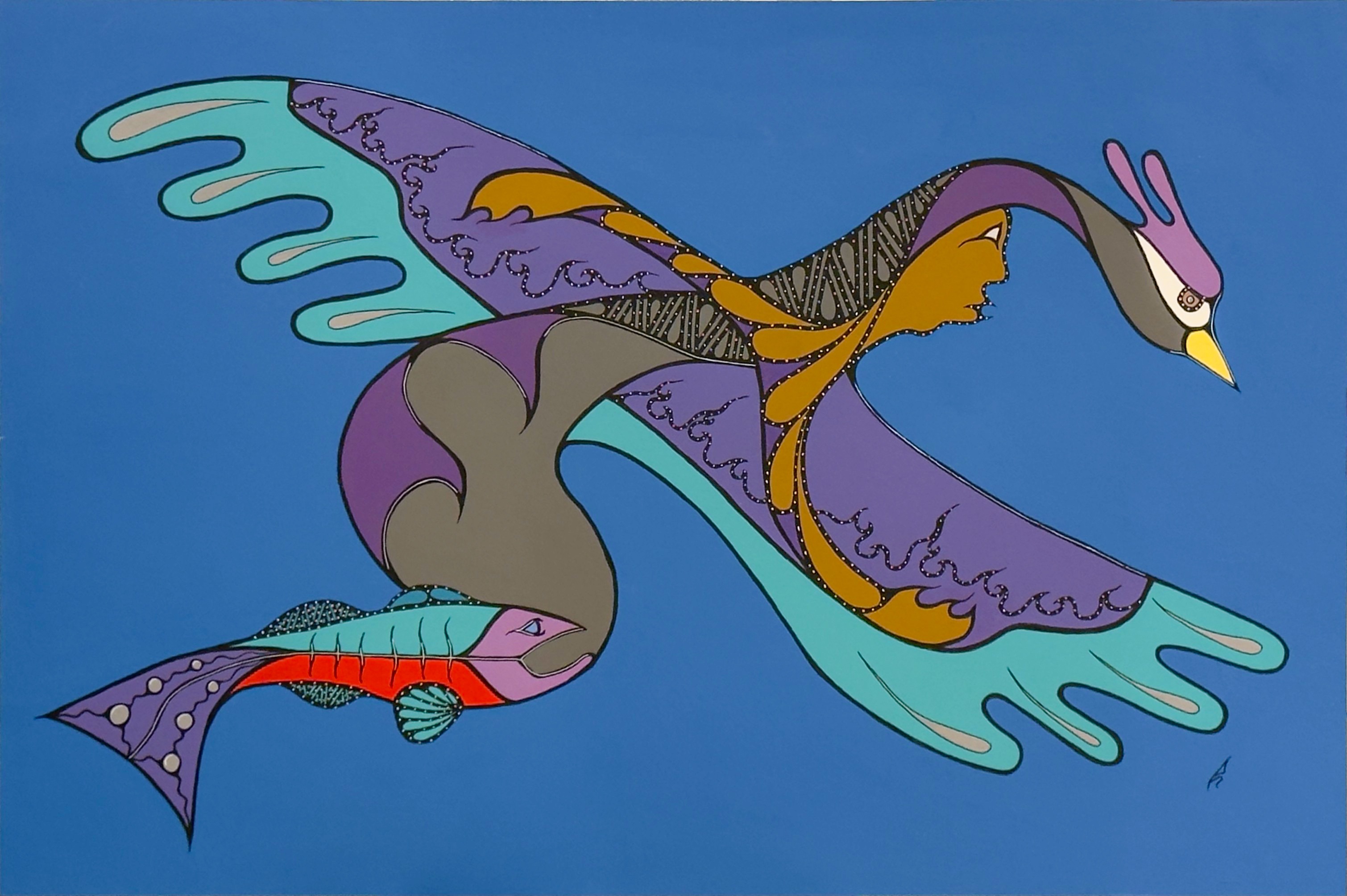 River to Sky by Johnny Mukwa showing fish transforming into bird in Woodland Indigenous style painting