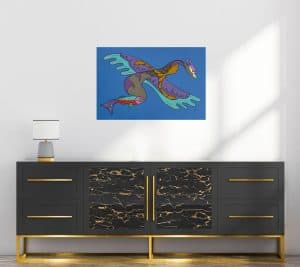River to Sky by Johnny Mukwa showing fish transforming into bird in Woodland Indigenous style painting