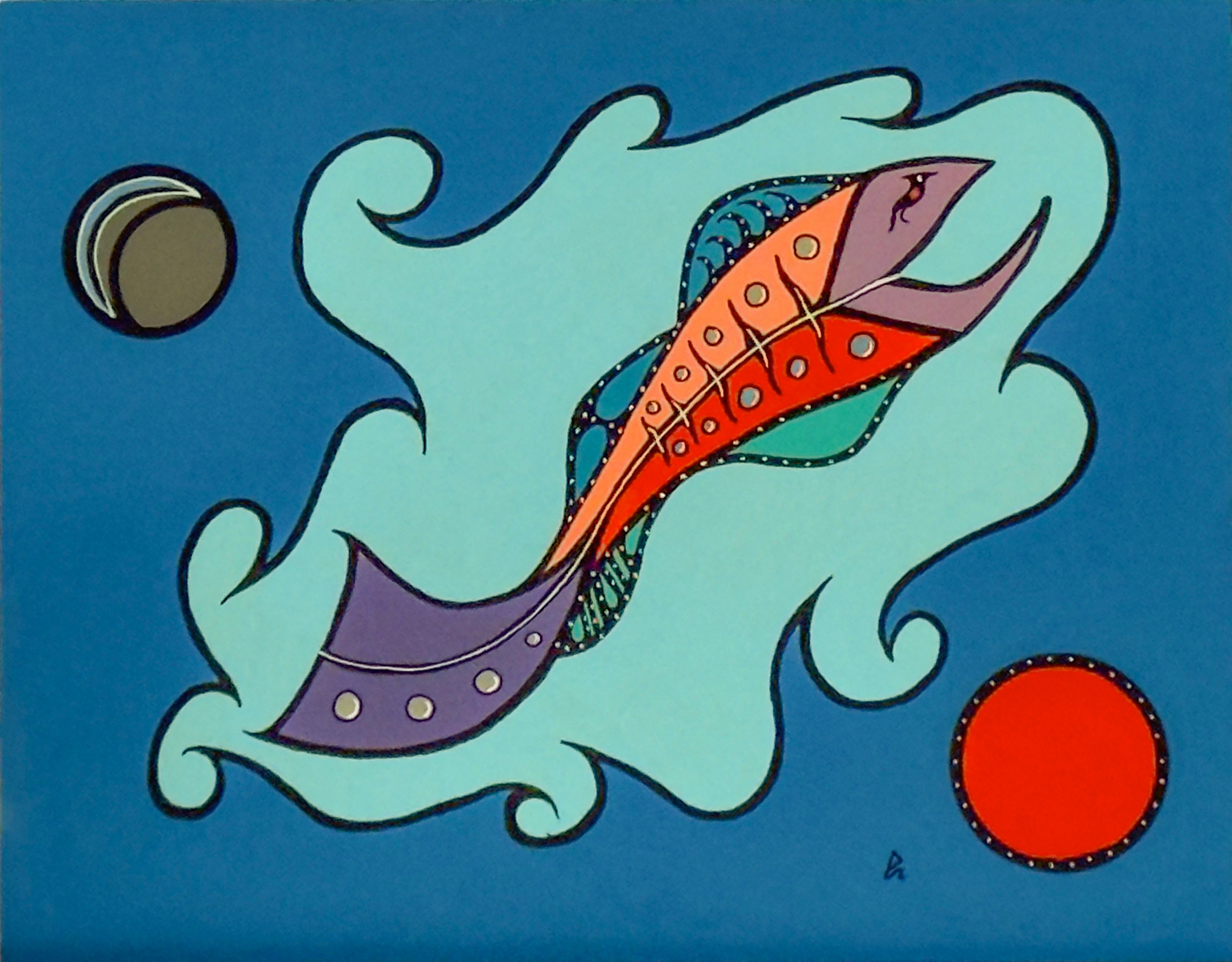 Set of Fish I by Johnny Mukwa showing stylized fish with flowing water forms in Woodland Indigenous style painting