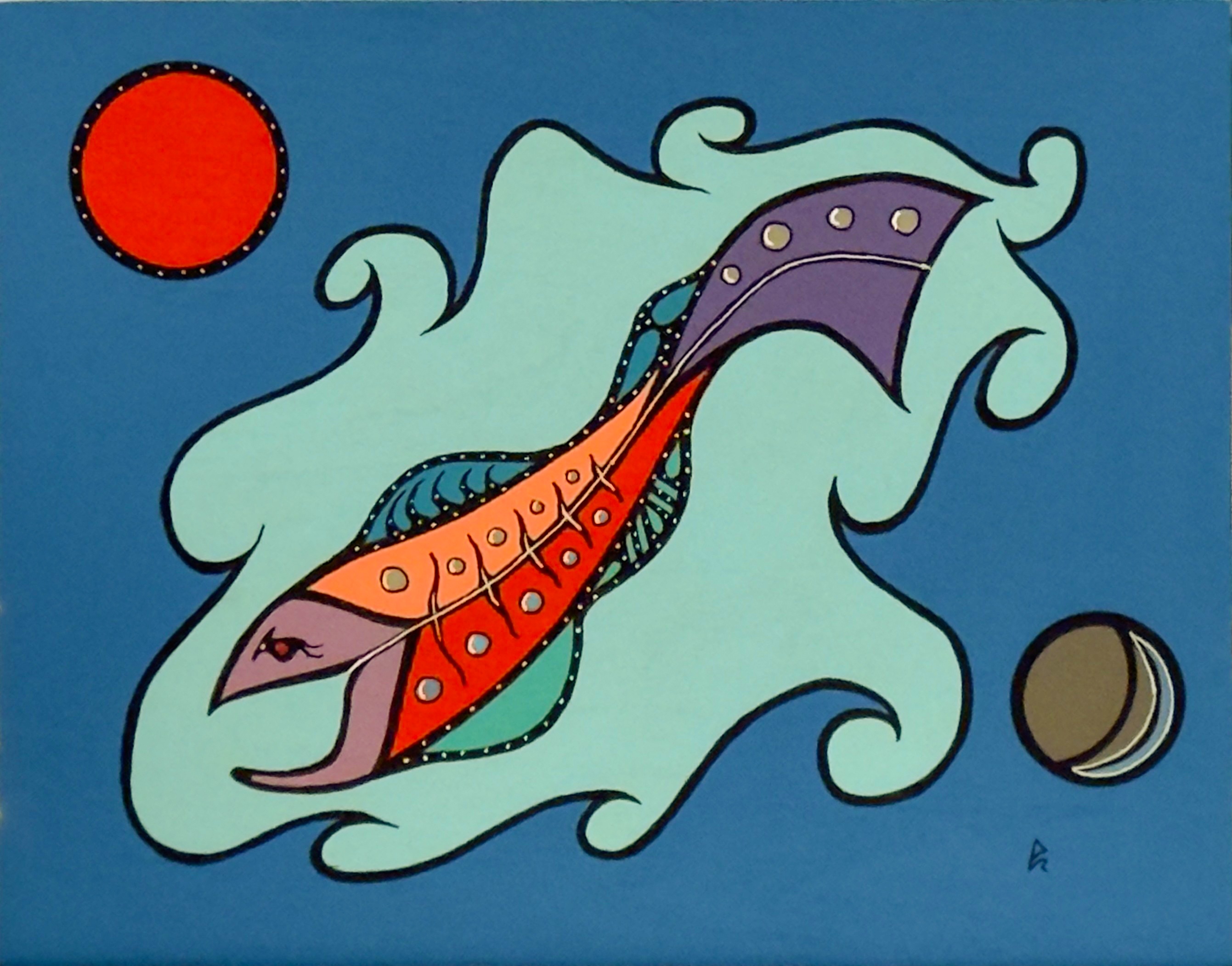 Set of Fish II by Johnny Mukwa showing stylized fish with sun and moon in Woodland Indigenous style painting