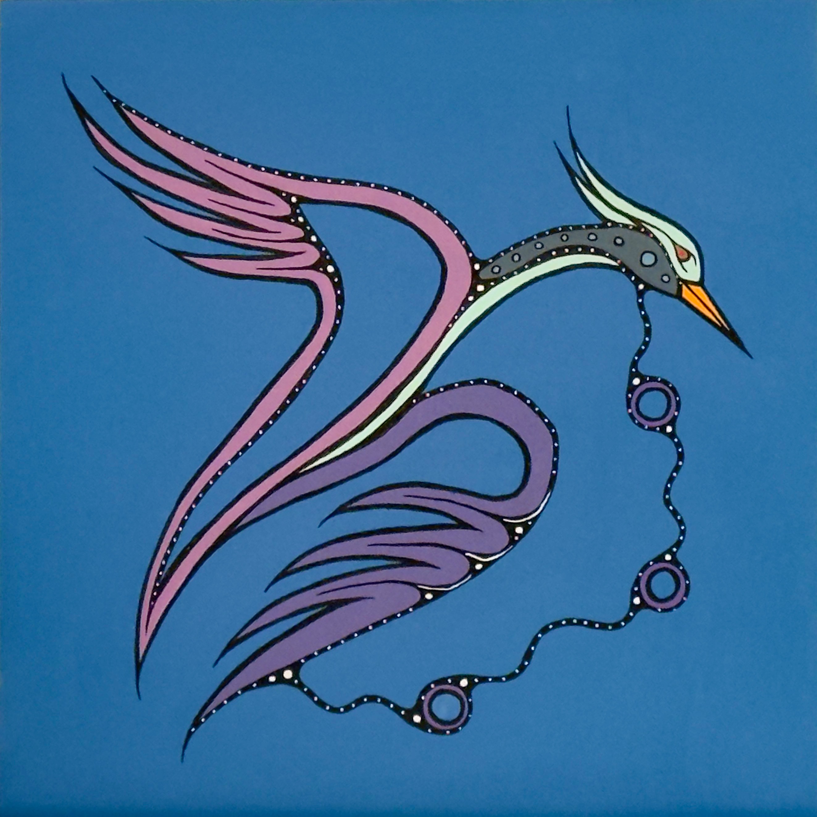 Spirit Heron by Johnny Mukwa showing stylized heron with flowing lines in Woodland Indigenous style painting