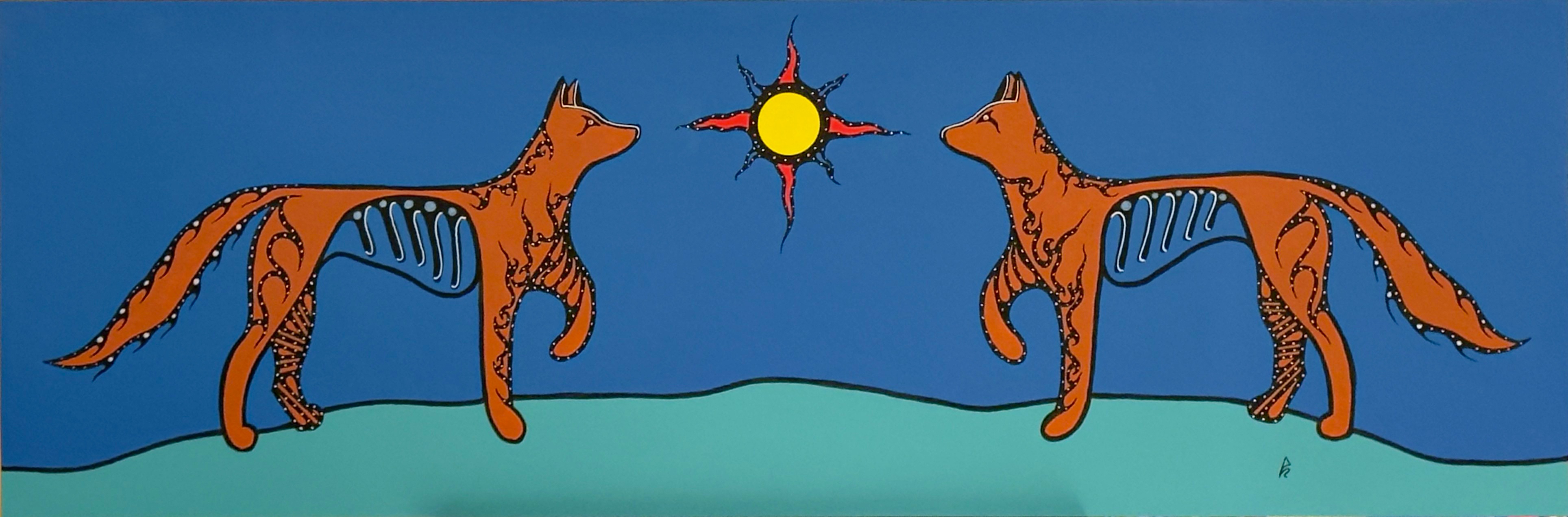 Twin Kits by Johnny Mukwa with two mirrored foxes under sun in Woodland Indigenous style painting