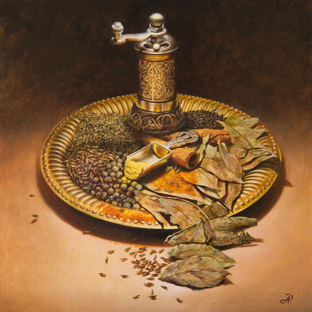 Timeless Gifts Anna Petrova still life oil painting vintage grinder spices seeds dried leaves golden tray
