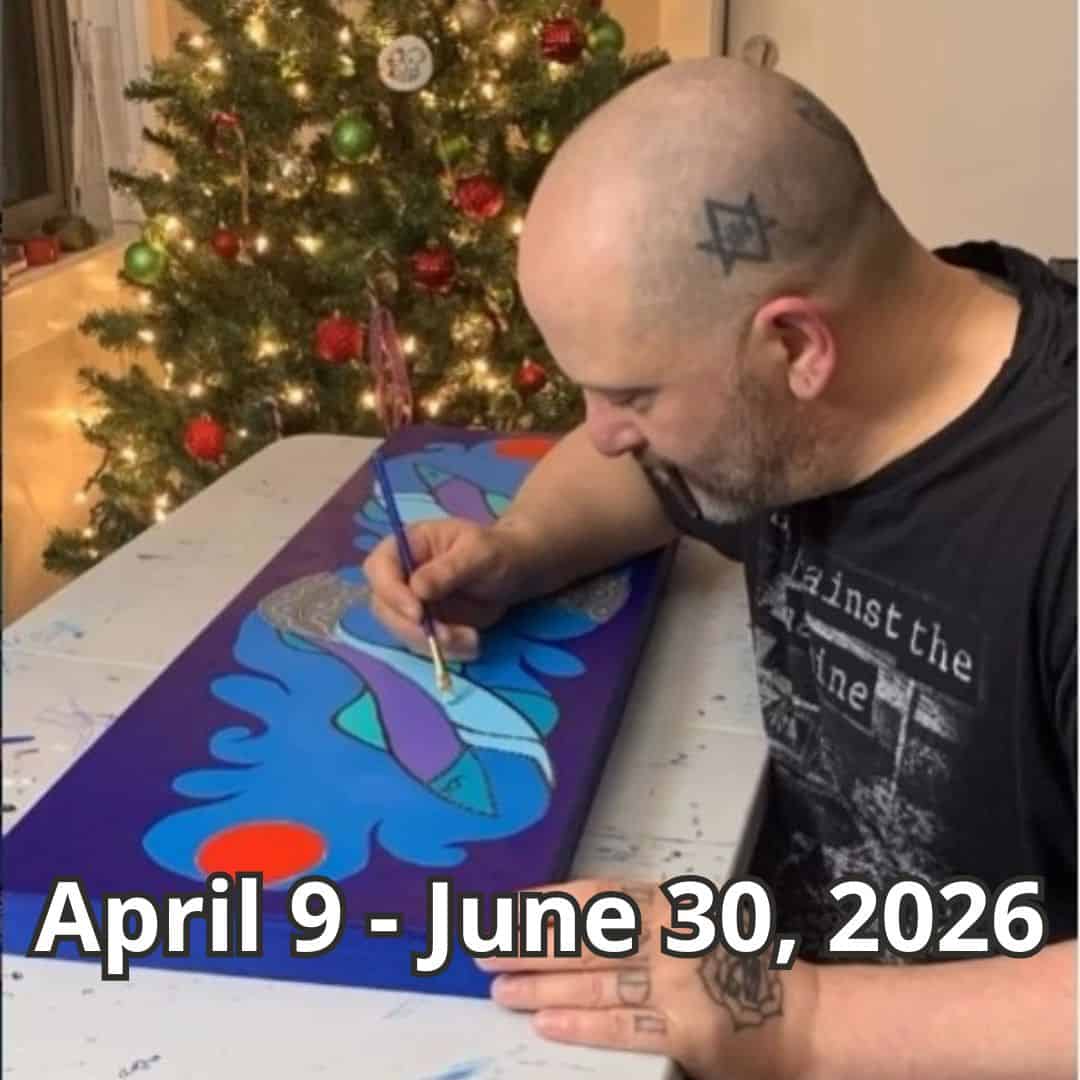 Johnny Mukwa Woodland style paintings with animals and symbolic forms in blue background at Vancouver Fine Art Gallery