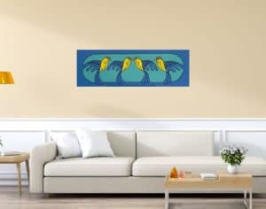 Aginjibagwesi Four Birds by Johnny Mukwa with four stylized birds in Woodland Indigenous style painting