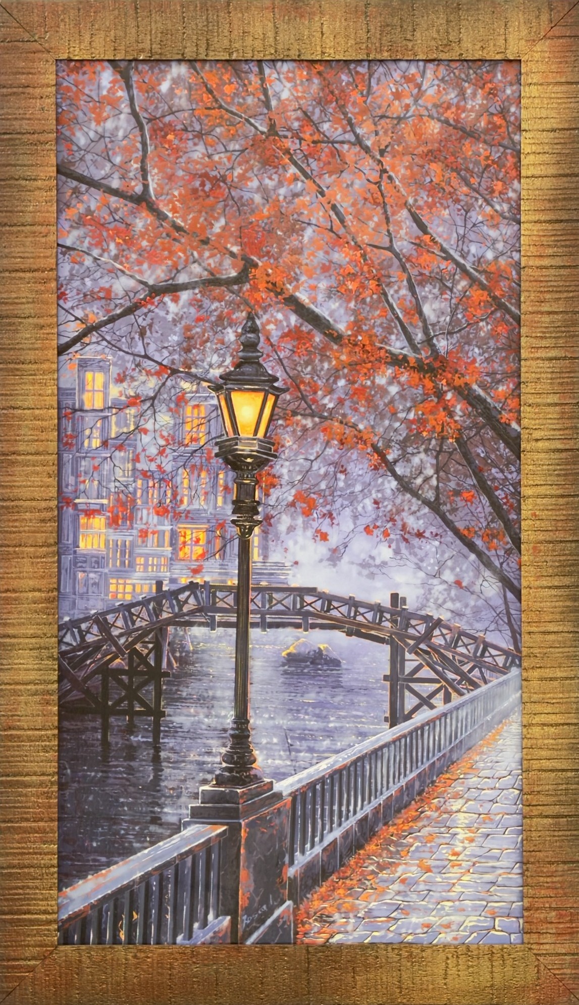 Aside by Ion Rosca oil painting of an autumn canal walkway with glowing streetlamp, bridge, and orange leaves reflected on water