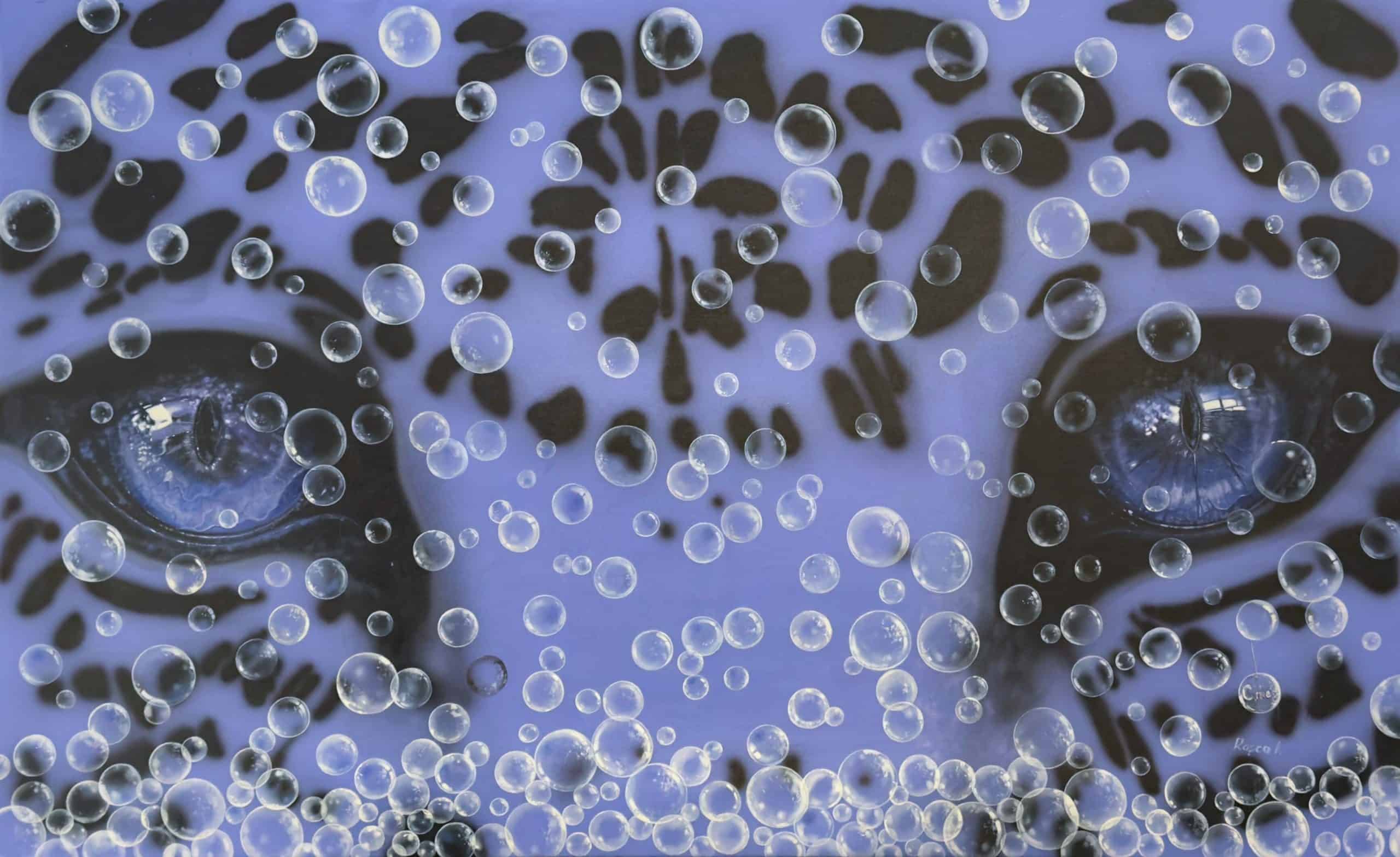 Behind Life by Ion Rosca surreal oil painting with blue leopard eyes and floating translucent bubbles