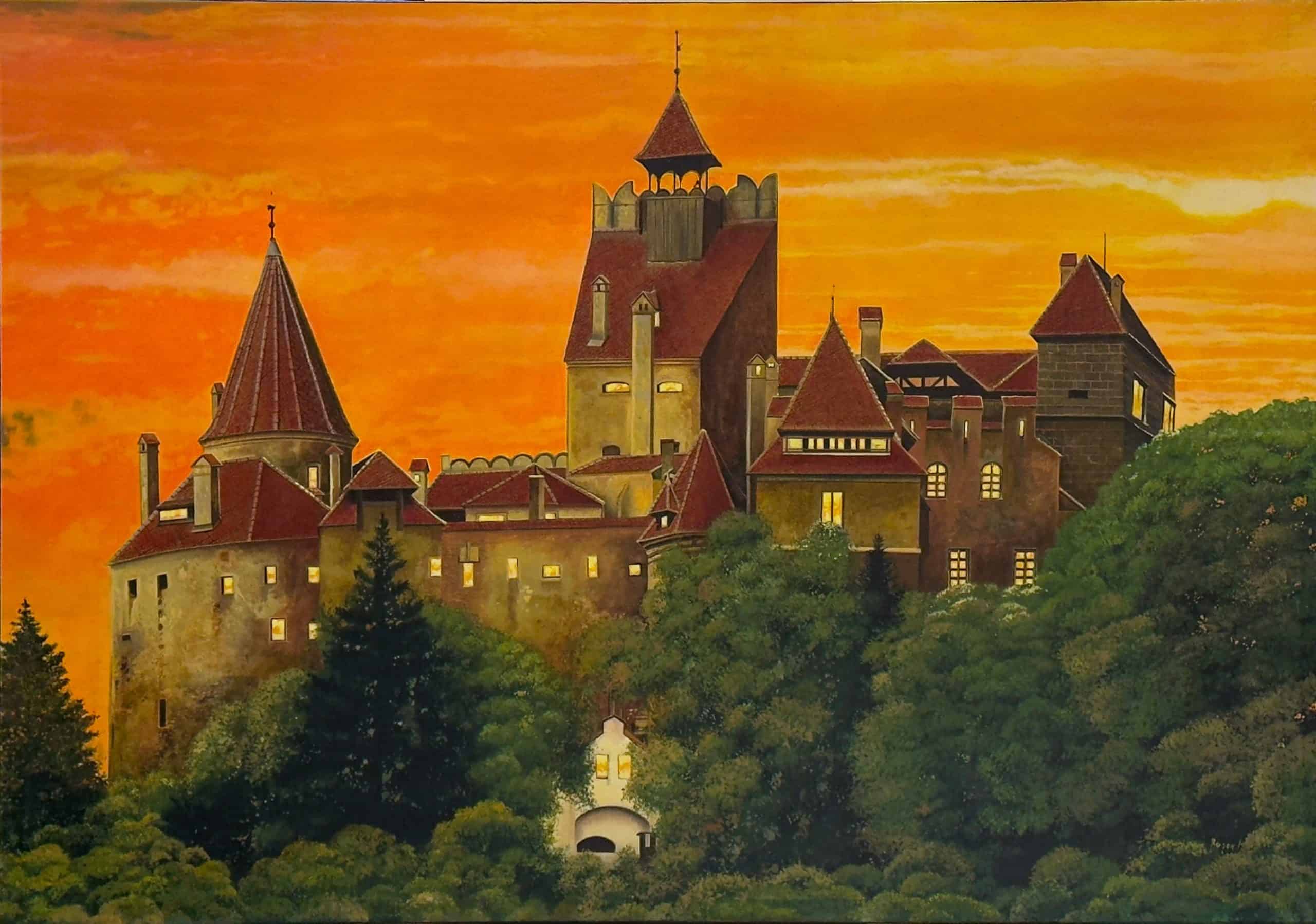Bran by Ion Rosca oil painting of Bran Castle at sunset surrounded by forest and glowing sky
