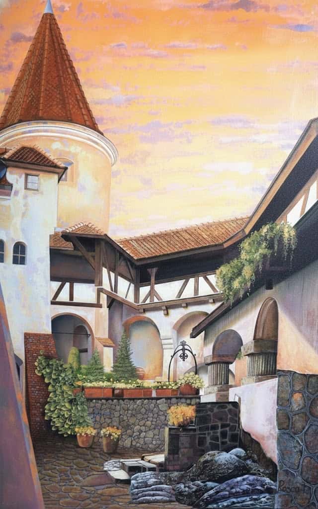 Bran’s Court by Ion Rosca oil painting of historic European courtyard with medieval architecture and sunset light
