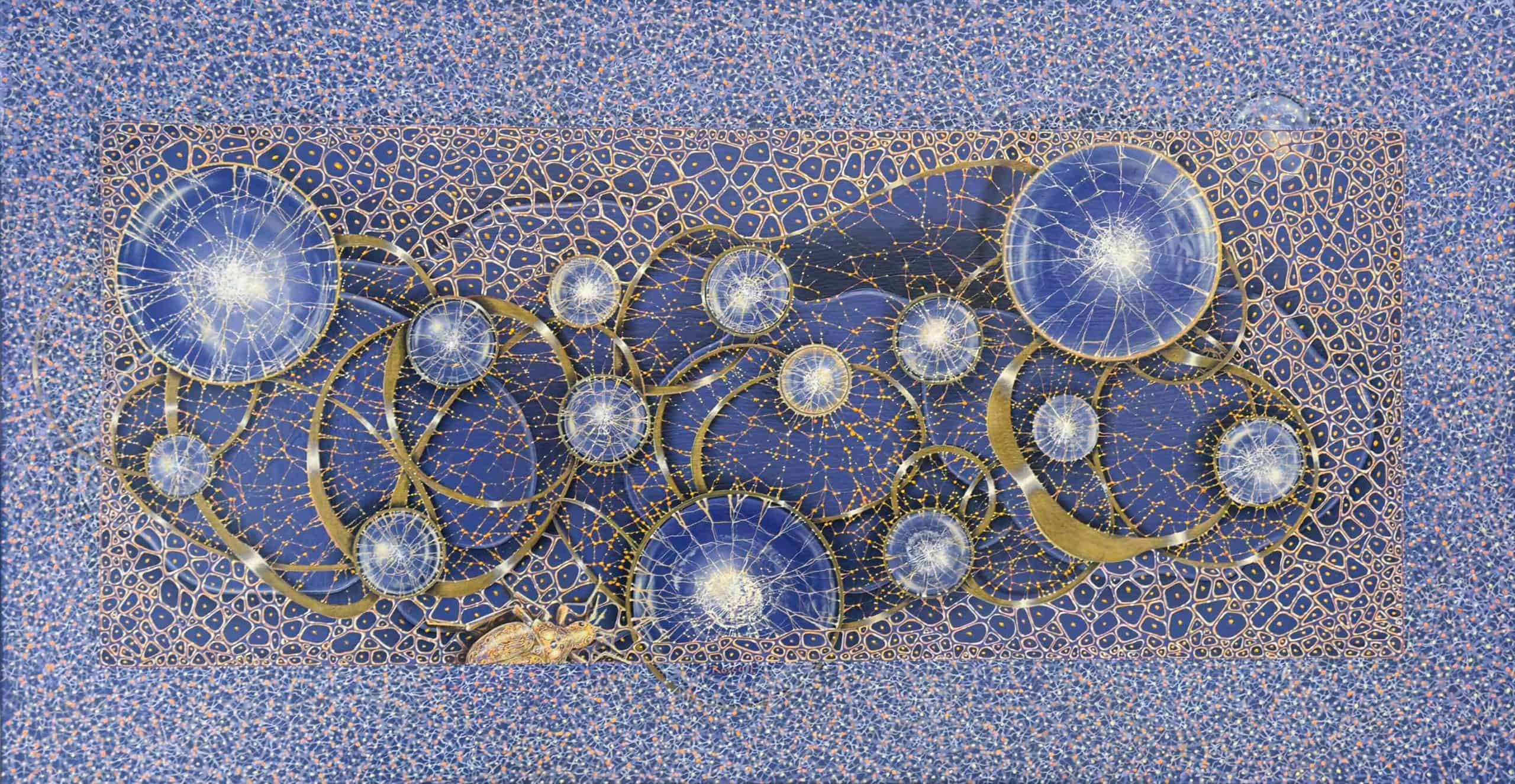 Intellect by Ion Rosca abstract oil painting with blue geometric circles, gold lines, and luminous cosmic details