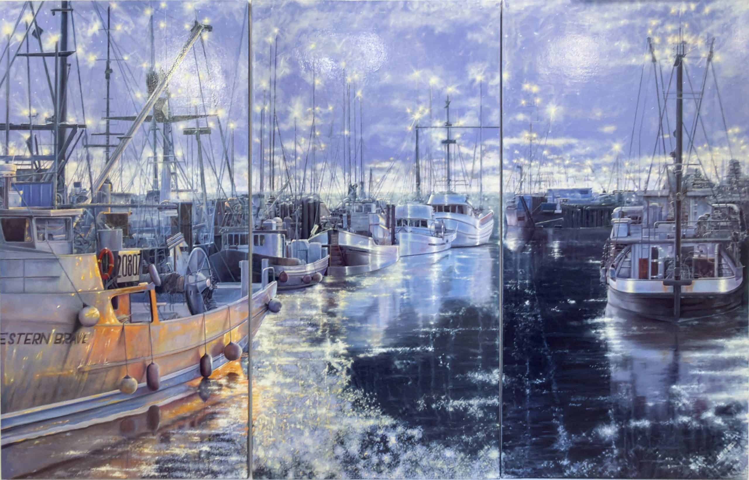Let It Be by Ion Rosca triptych oil painting of fishing boats and harbor reflections at dusk