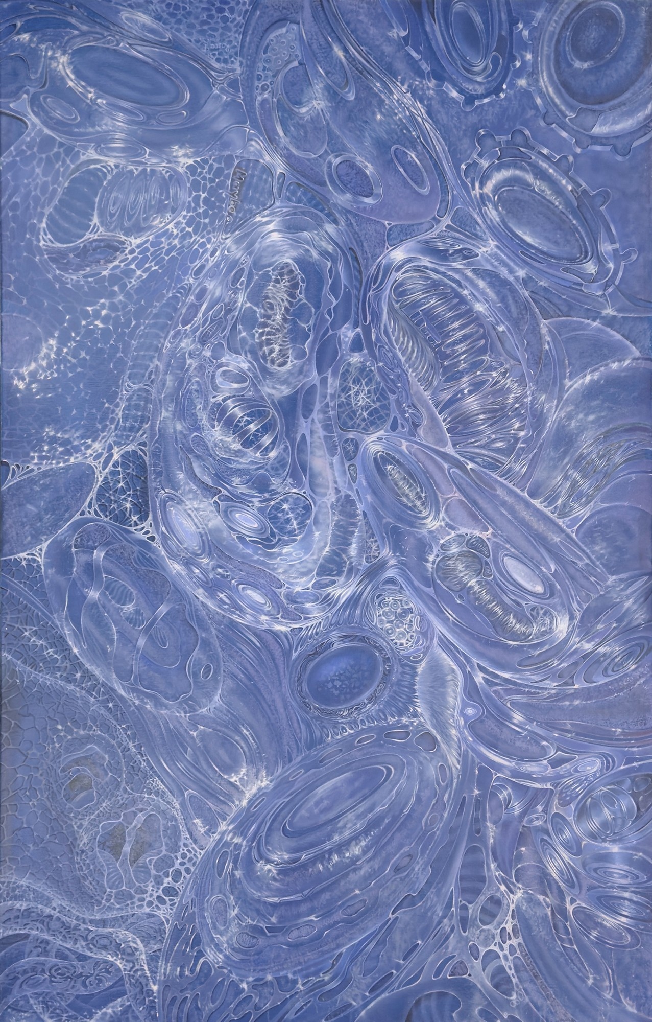 Mid Ⅰ by Ion Rosca abstract blue oil painting with flowing organic forms and luminous cellular textures