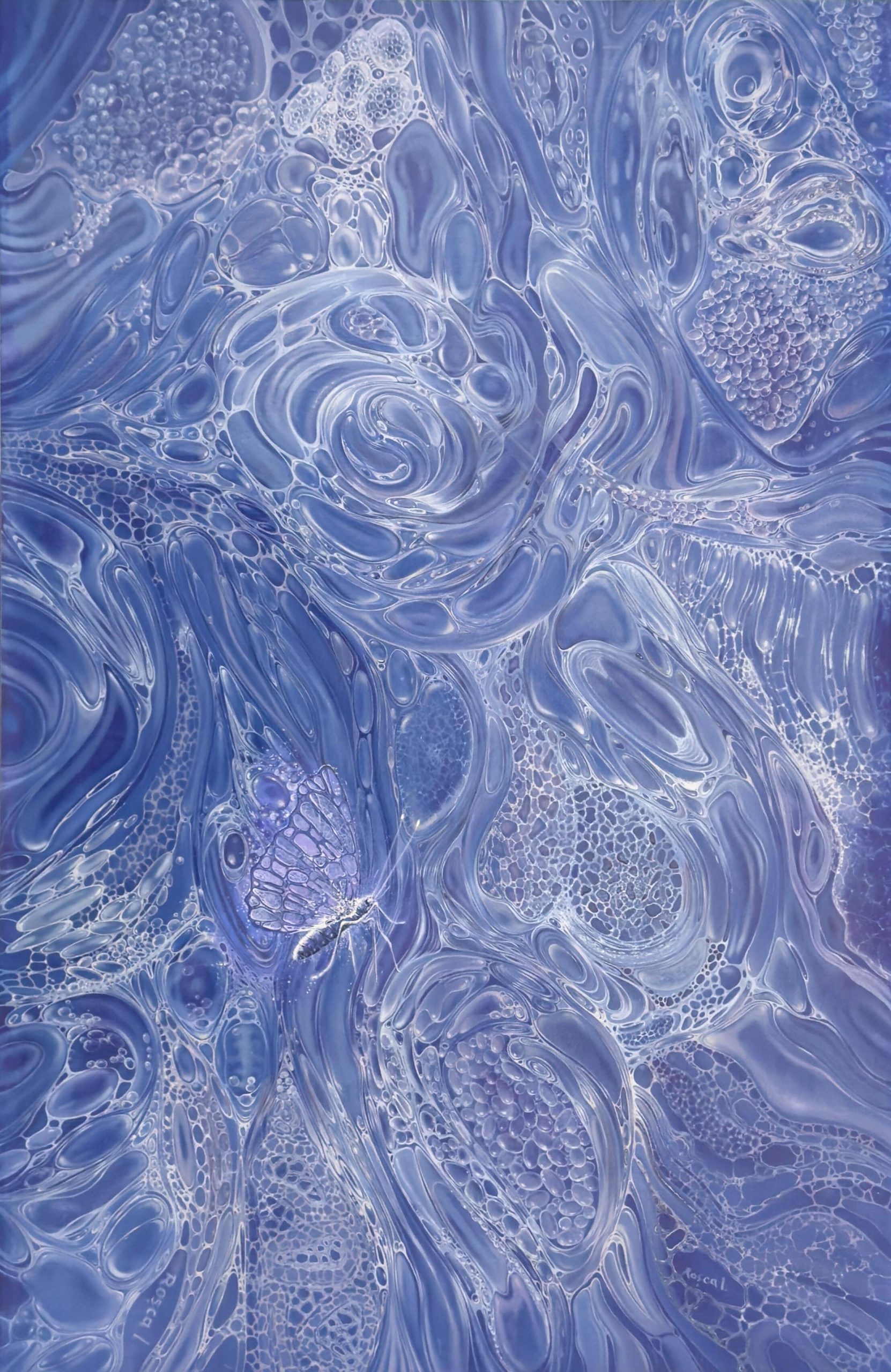 Mid Ⅱ by Ion Rosca abstract blue oil painting with organic flowing forms and butterfly details