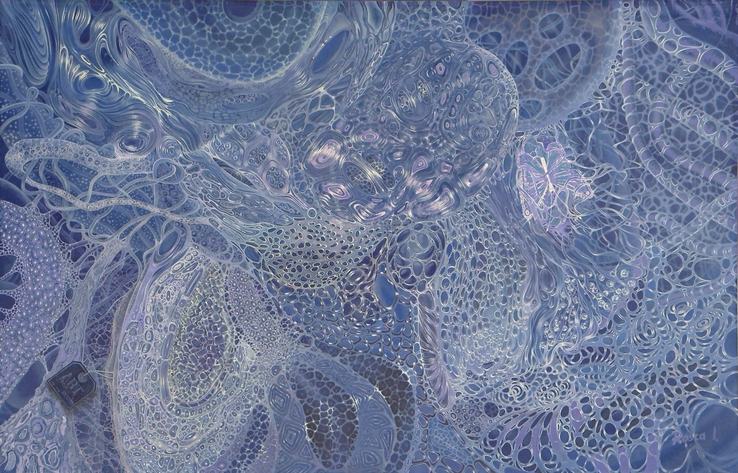 Mid Ⅲ by Ion Rosca abstract blue and violet oil painting with intricate cellular and organic textures