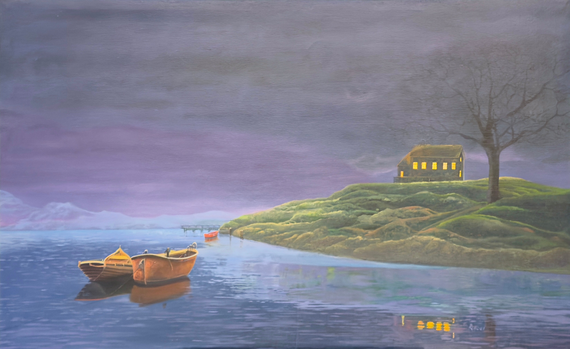Moon Up by Ion Rosca oil painting of boats on calm water beneath a twilight sky with a glowing house on the shoreline