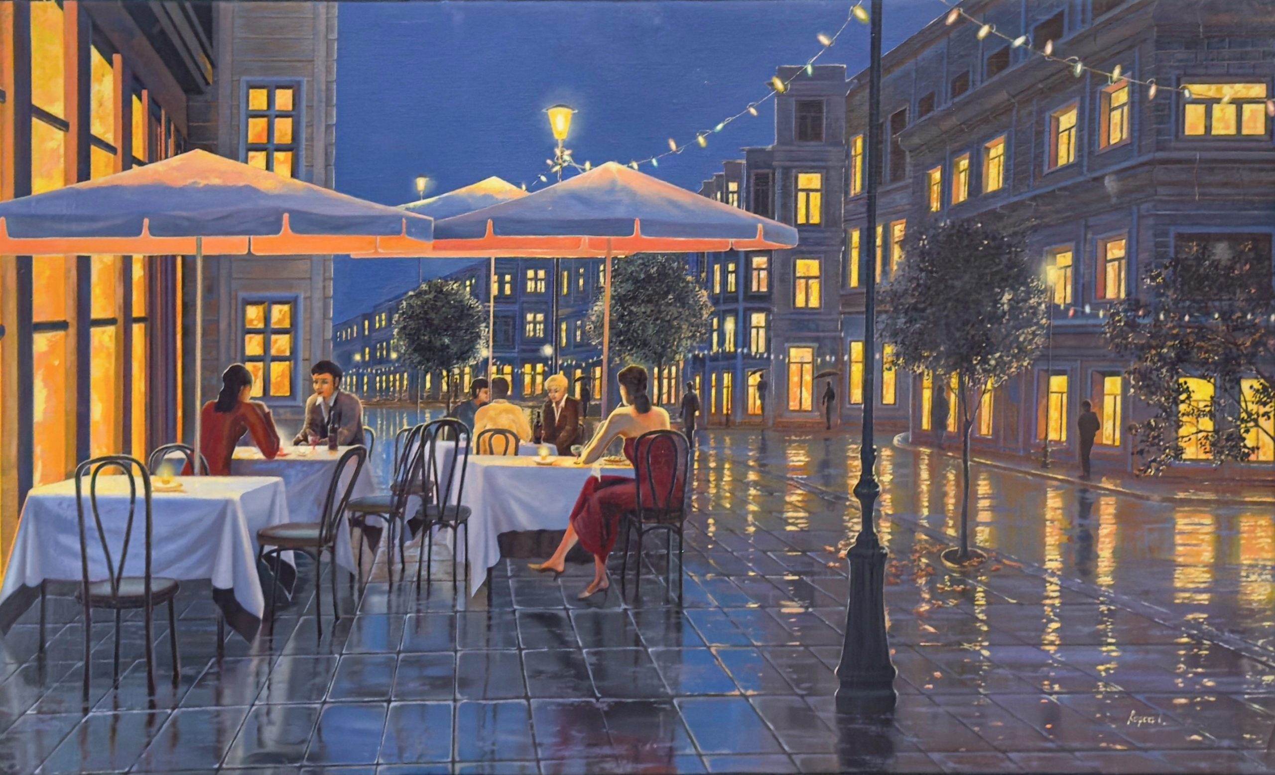 Paris First by Ion Rosca oil painting of a romantic evening café scene with glowing city reflections and wet streets