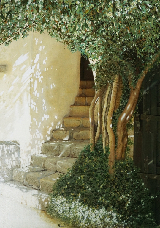 Shade by Ion Rosca oil painting of sunlit stone steps with trees and soft architectural shadows