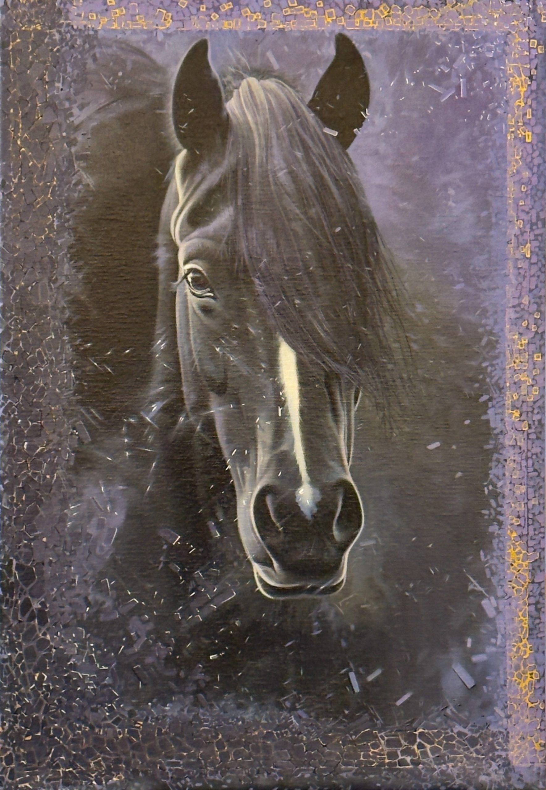 Spear by Ion Rosca oil painting of a black horse portrait with textured dark background and violet accents