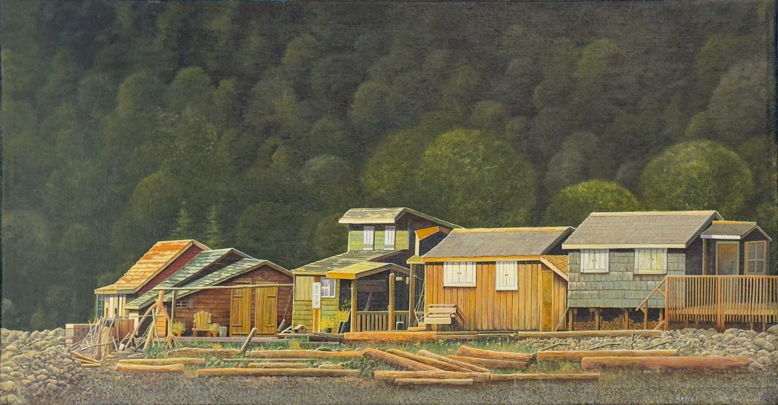 There by Ion Rosca oil painting of rustic waterfront cabins along a quiet coastal shoreline surrounded by forest