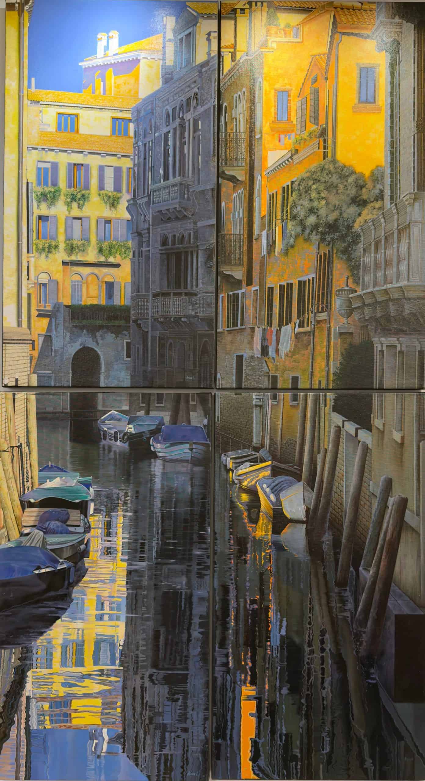 Venice by Ion Rosca quadtych oil painting of Venetian canals with reflections and historic architecture
