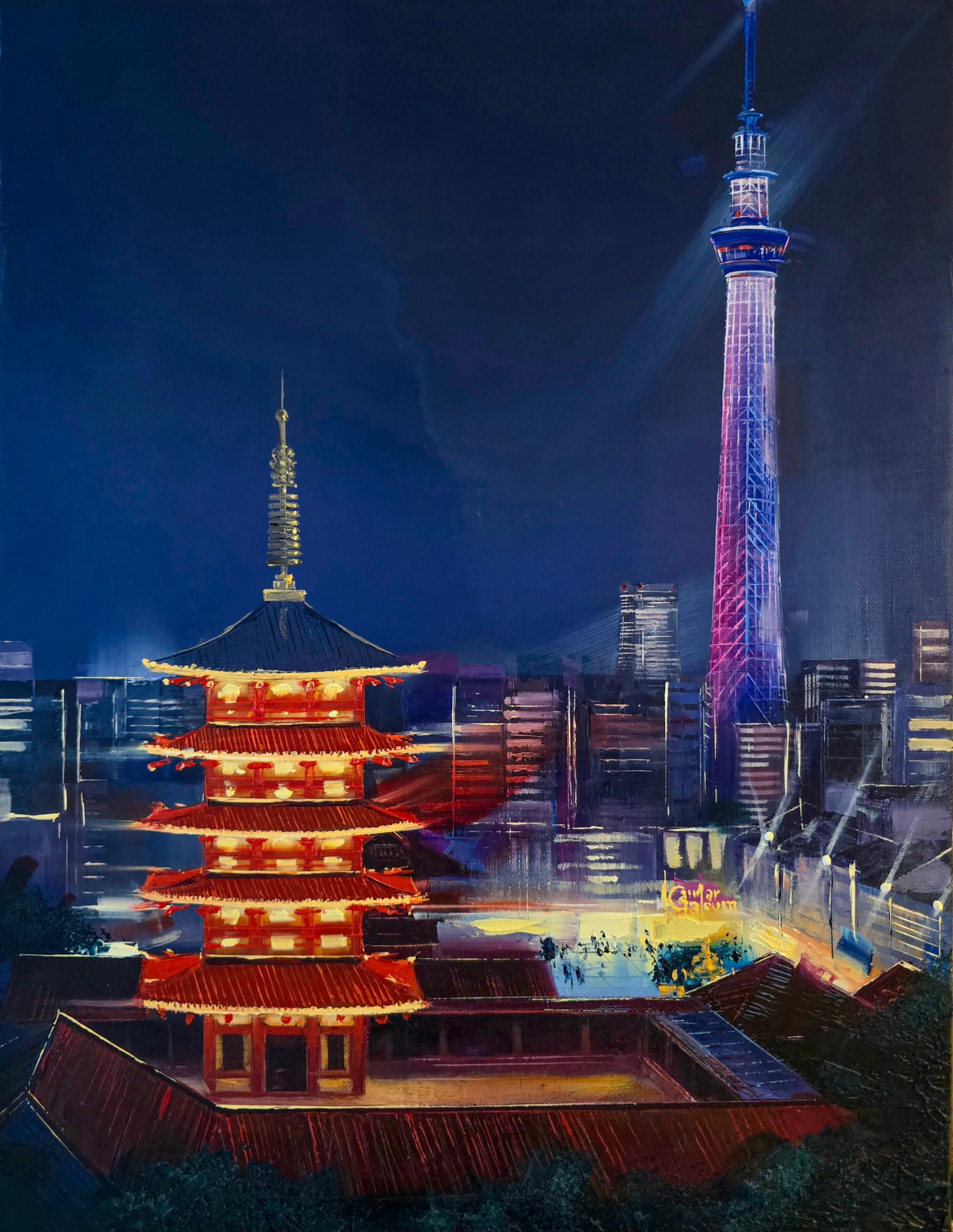 Asakusa and Skytree by Kamiar Gajoum oil painting of illuminated Tokyo pagoda and Tokyo Skytree at night
