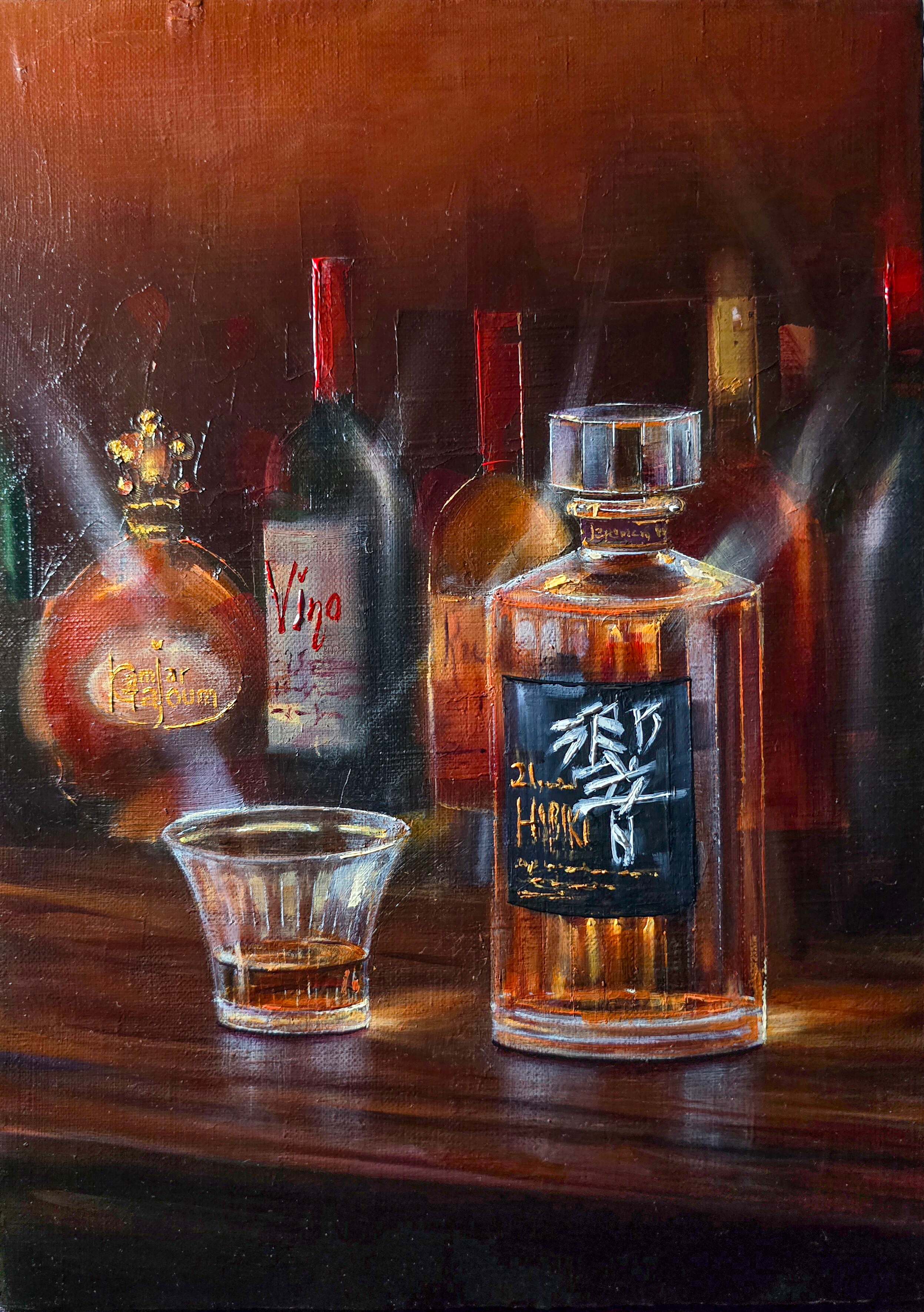 Hibiki by Kamiar Gajoum oil painting of whiskey bottles and glass with warm reflections and moody lighting
