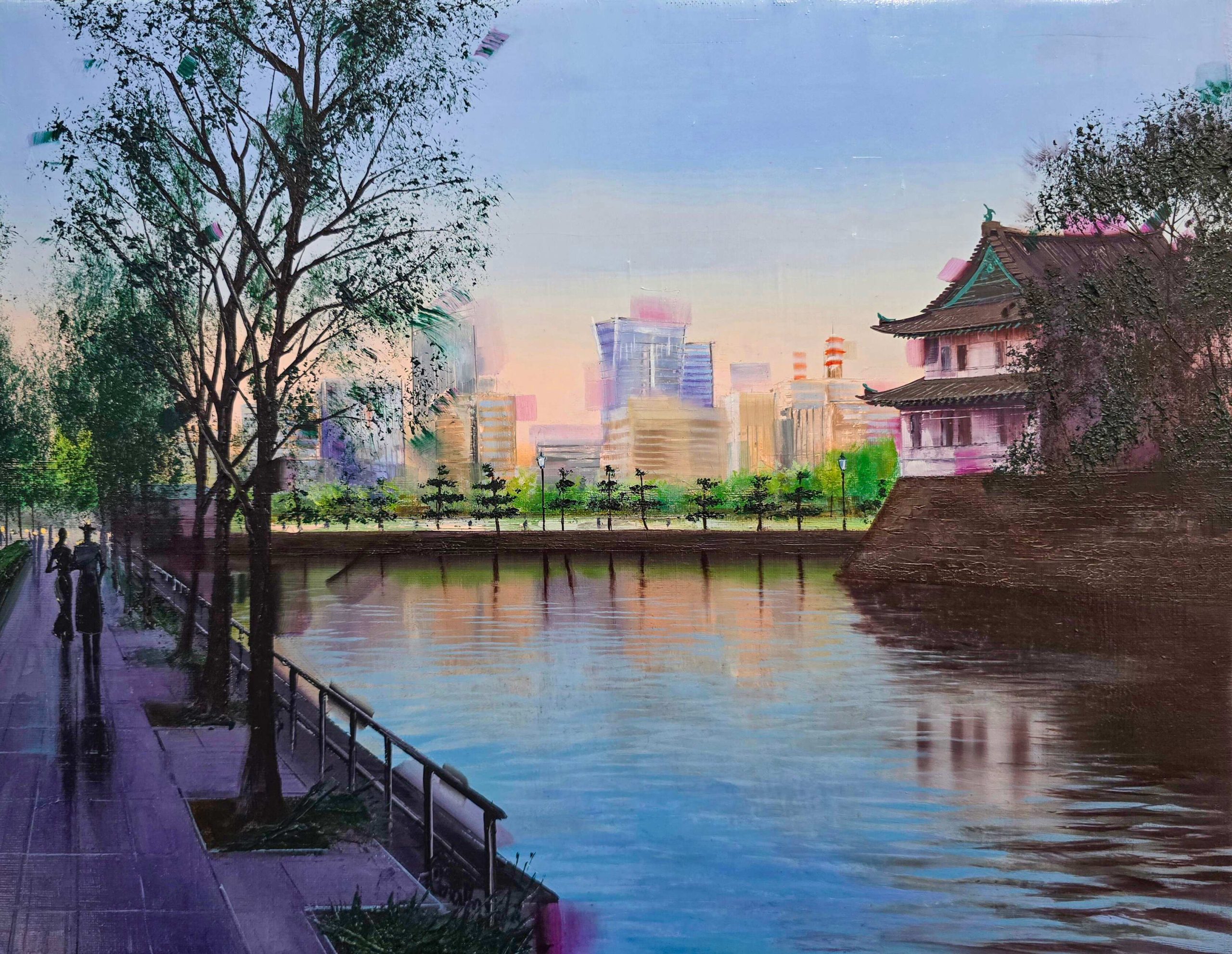Kokyo by Kamiar Gajoum oil painting of Tokyo riverside with traditional architecture and modern skyline reflections