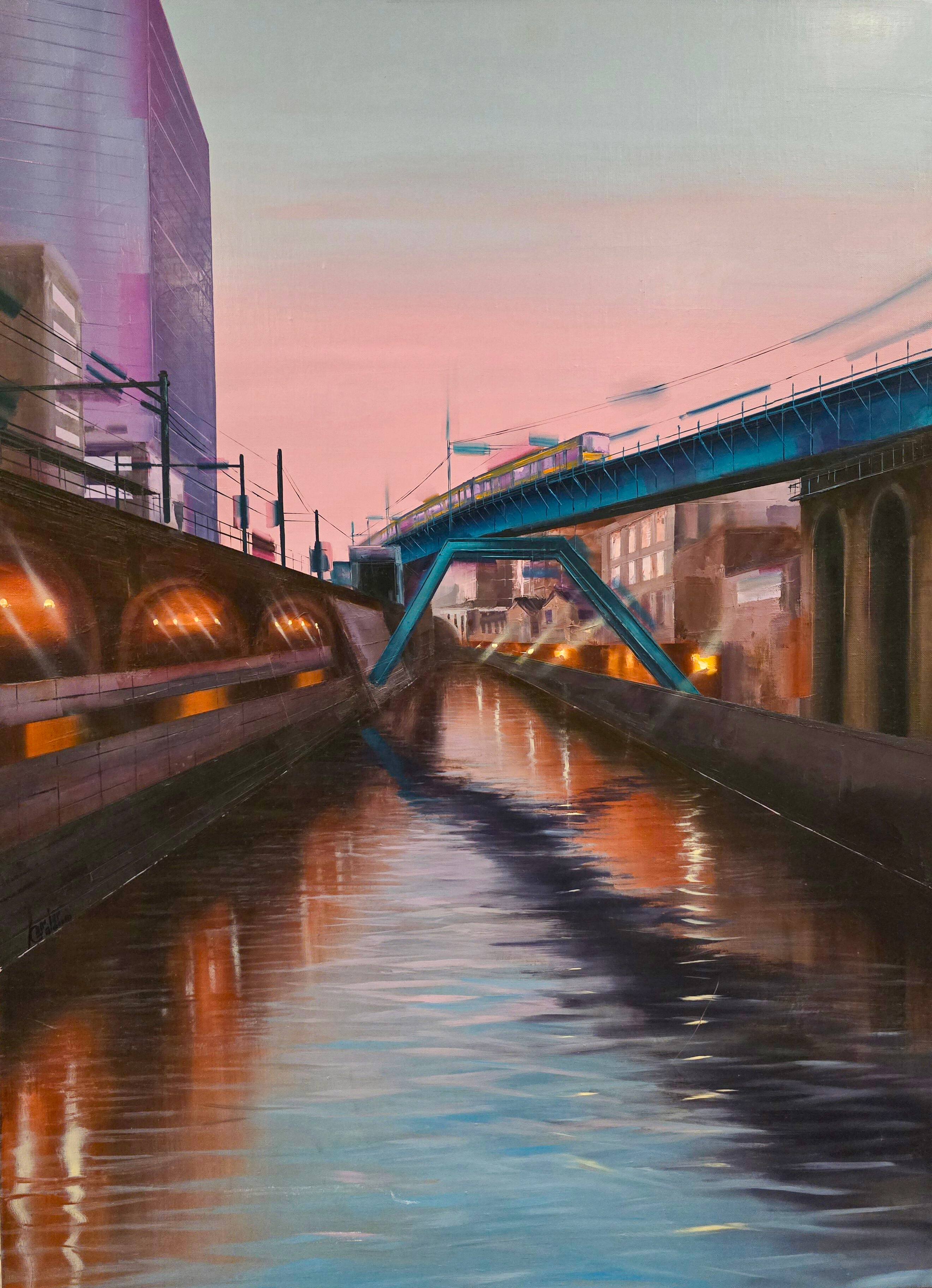 Mansei Bashi by Kamiar Gajoum oil painting of Tokyo canal with bridges reflections and evening city lights