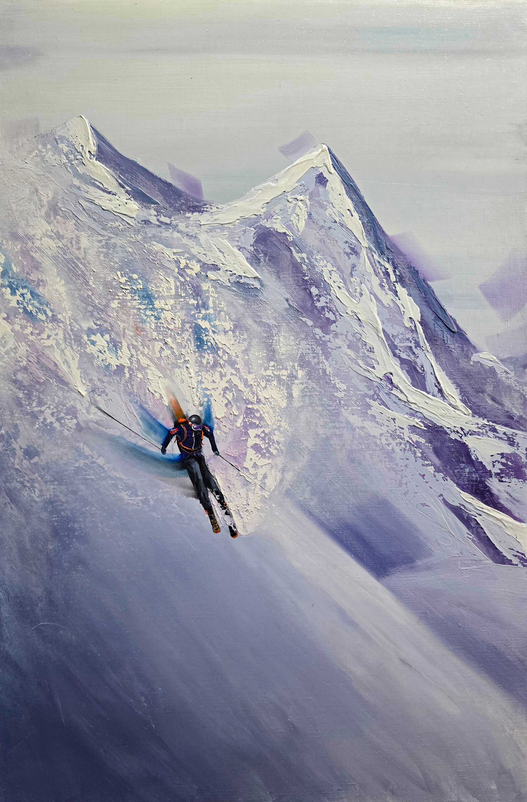 Ski Whistler by Kamiar Gajoum oil painting of skier descending snowy mountain landscape in Whistler Canada